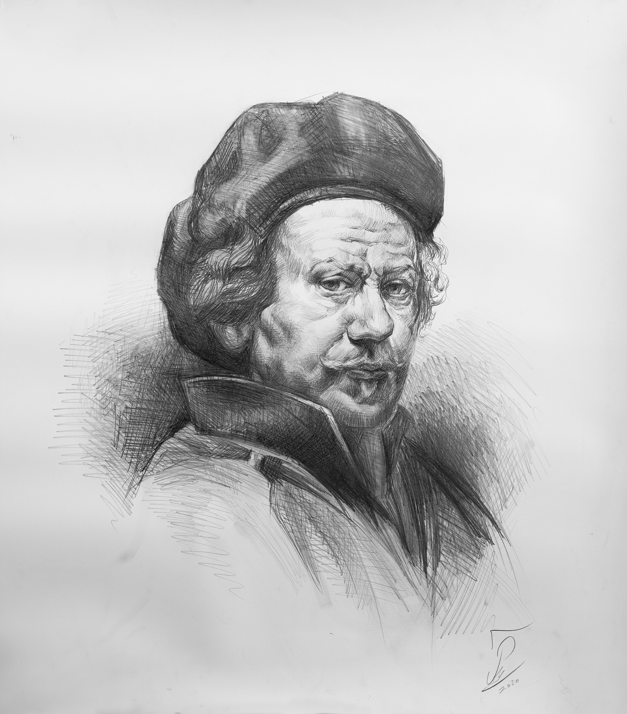 Копия автопортрета Рембрандта бумага, карандаш, 59,4×92 см, 2019