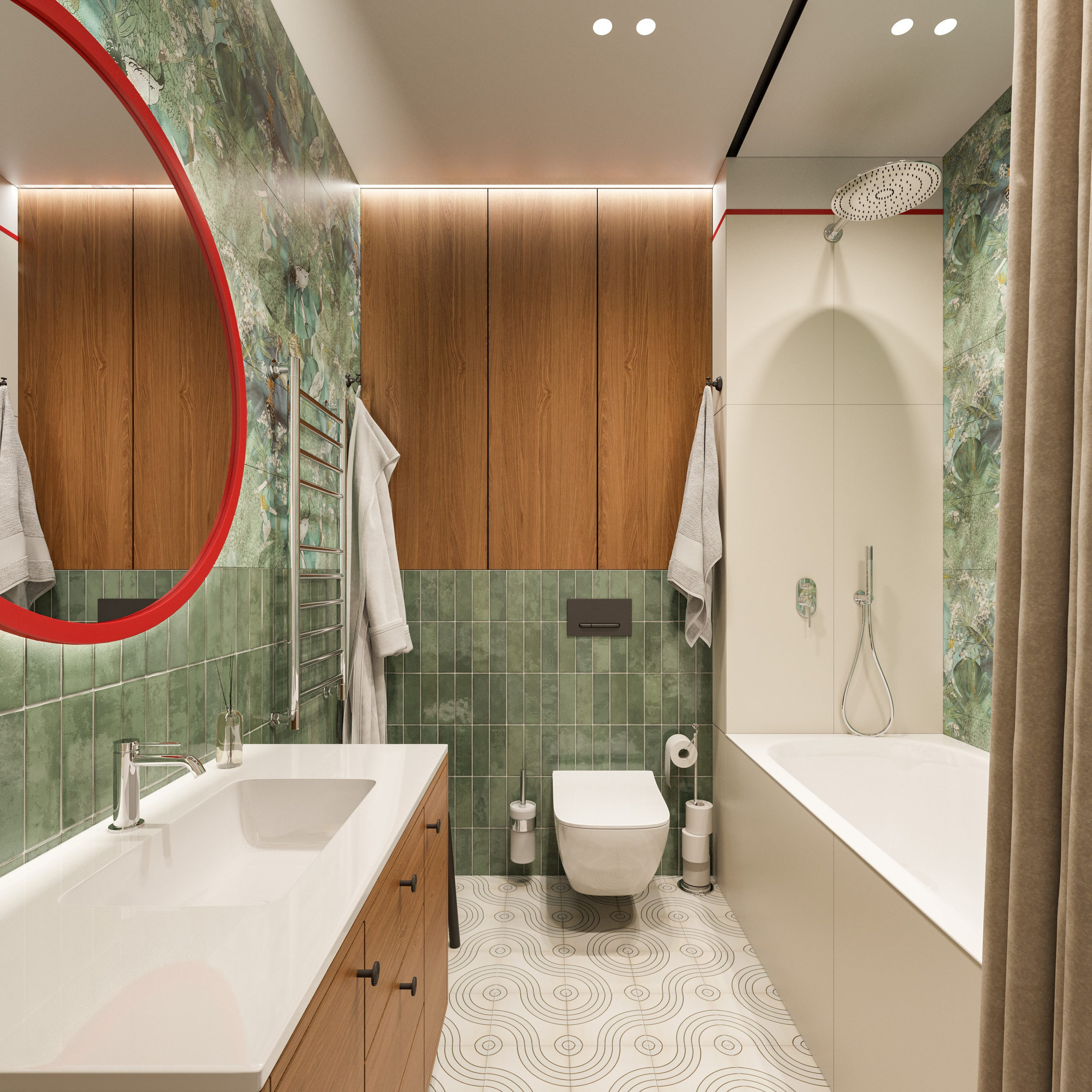 Пространство ванной комнаты с зеленой плиткой и деревянной мебелью