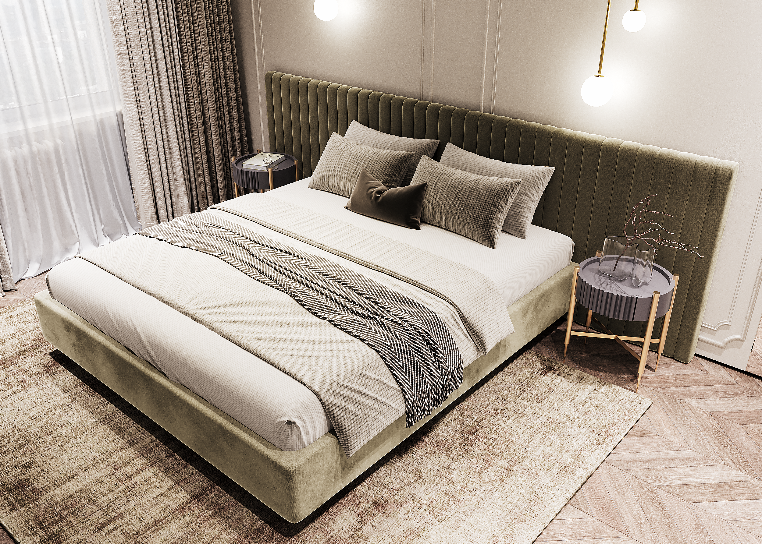 Кровать с оливковым изголовьем и светлым текстилем, расположенная на крупном бежевом ковре