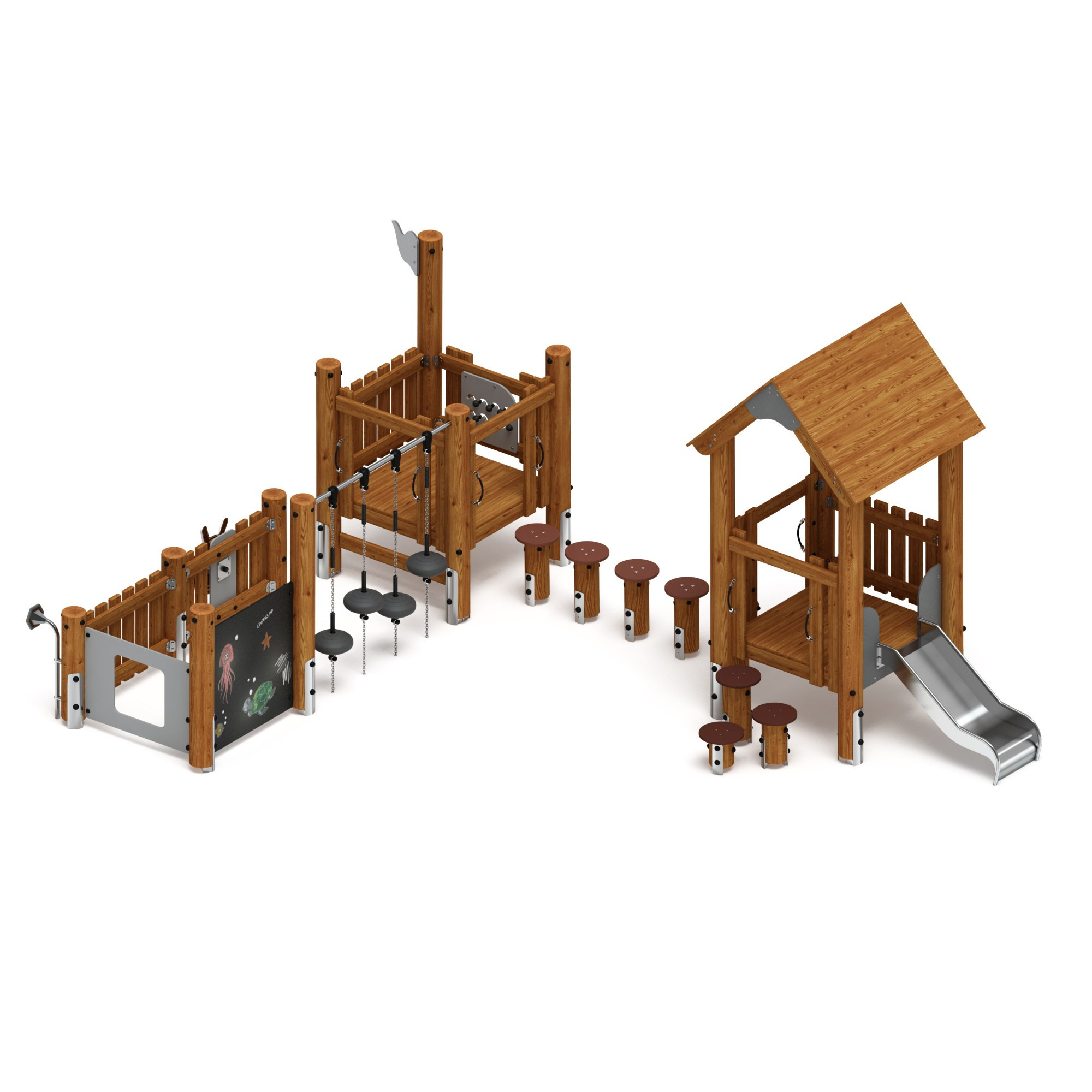 Игровой комплекс (лиственница темный) ДИК 1.24.04-Л.И1.01 Габариты (ШхДхВ): 6150х4550х2880 Зона безопасности, мм: 9650х7550 Высота падения 900 мм. Возрастные ограничения от 3 до 7 лет