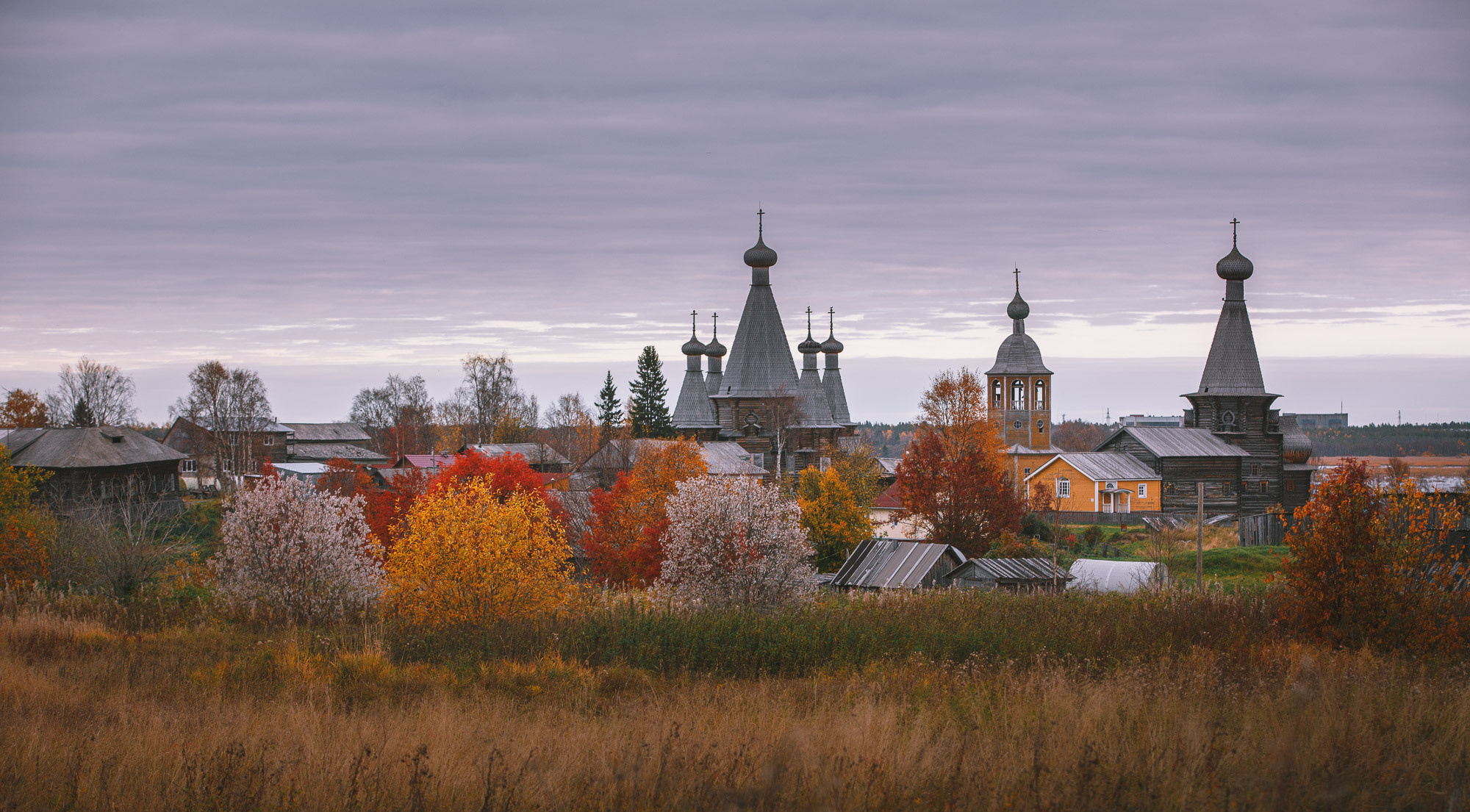Красивые осенние деревья в северном селе Ненокса. Красные. желтые листья, Купола церквей.