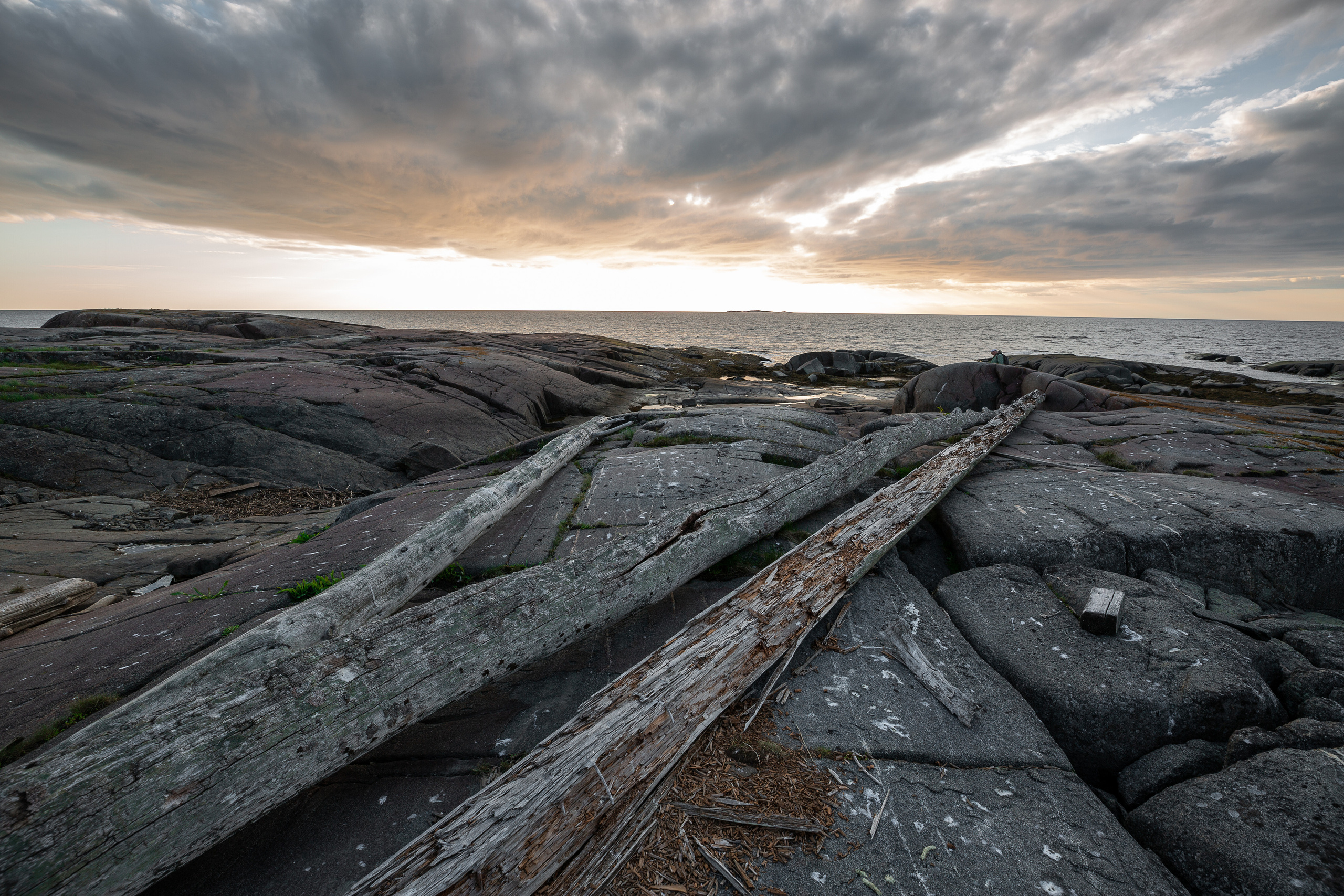 Бревна на скалах во время заката на острове Кий. 