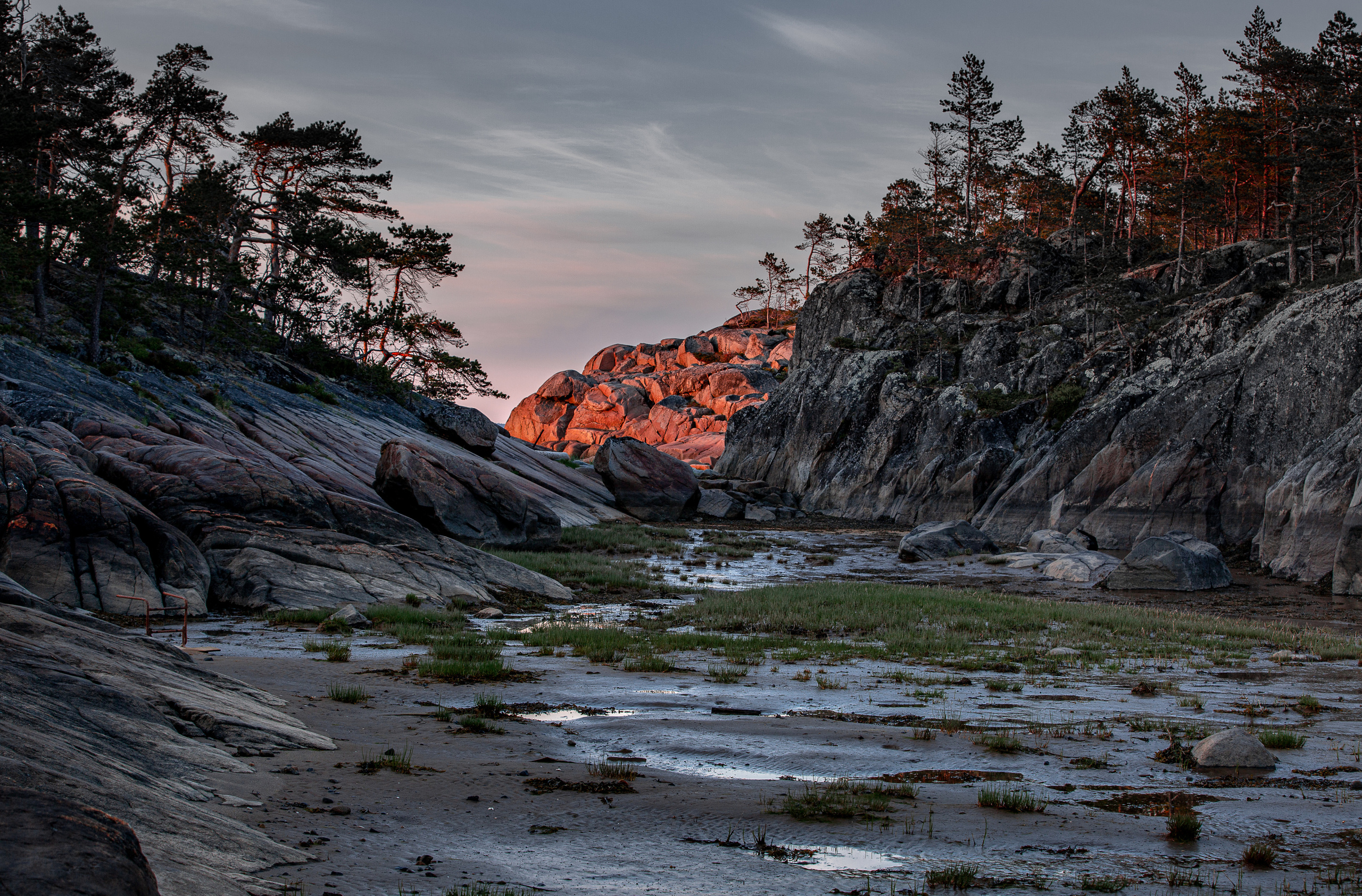 Скалы подсвеченный рассветом. Отлив в Белом море. 