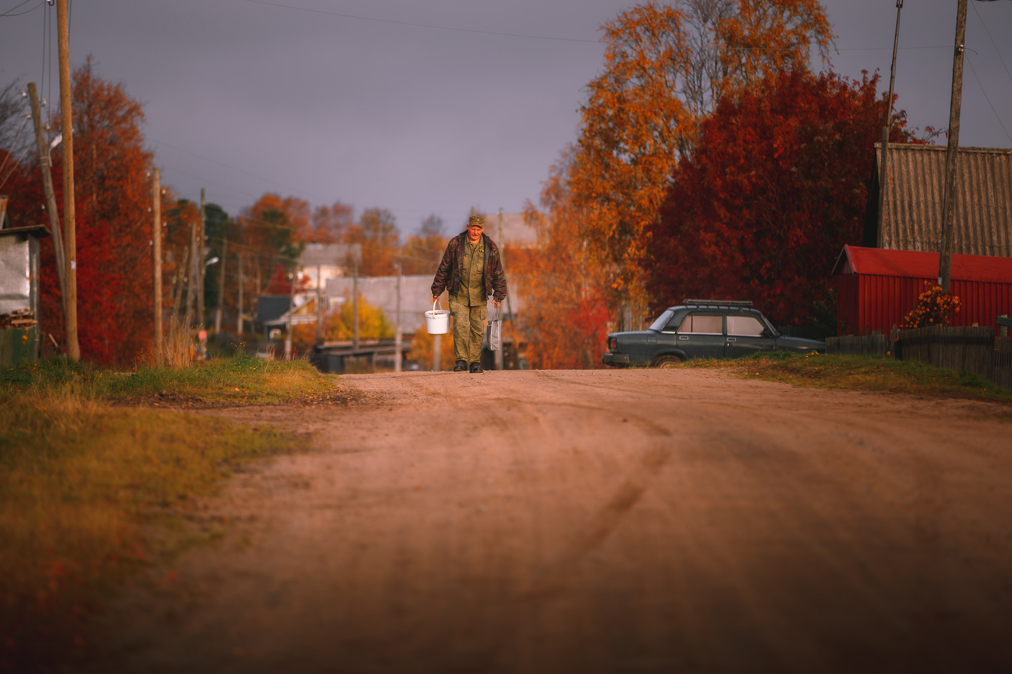 Мужчина с ведром идёт по деревенской дороге. 