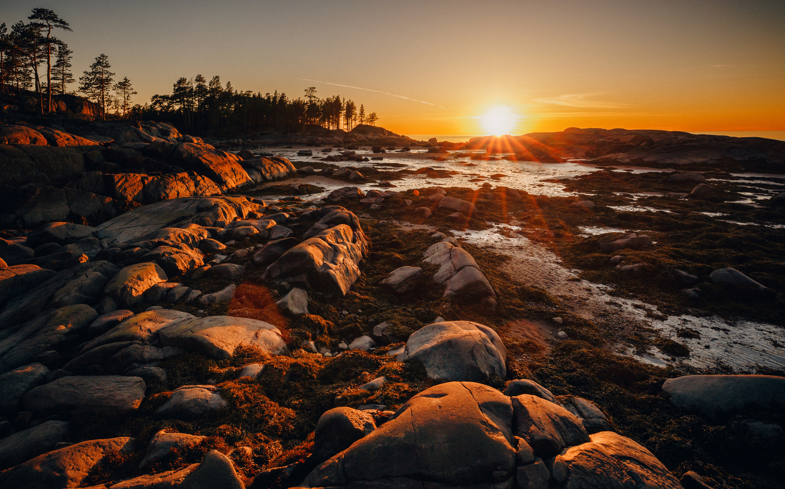 Солнце садится за горизонт. Камни, скалы, сосны. 
