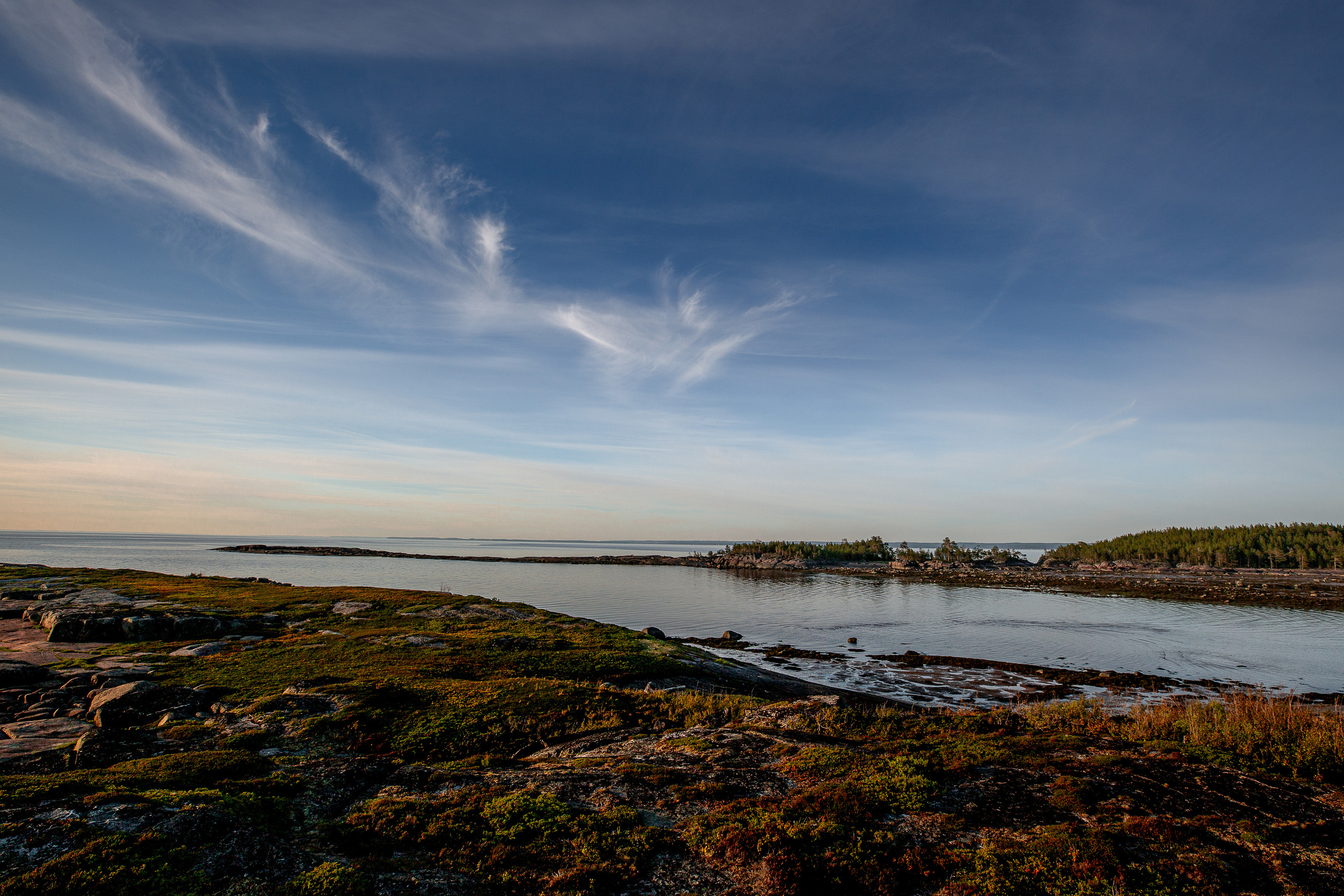 Перистые облака в синем небе над морем. 