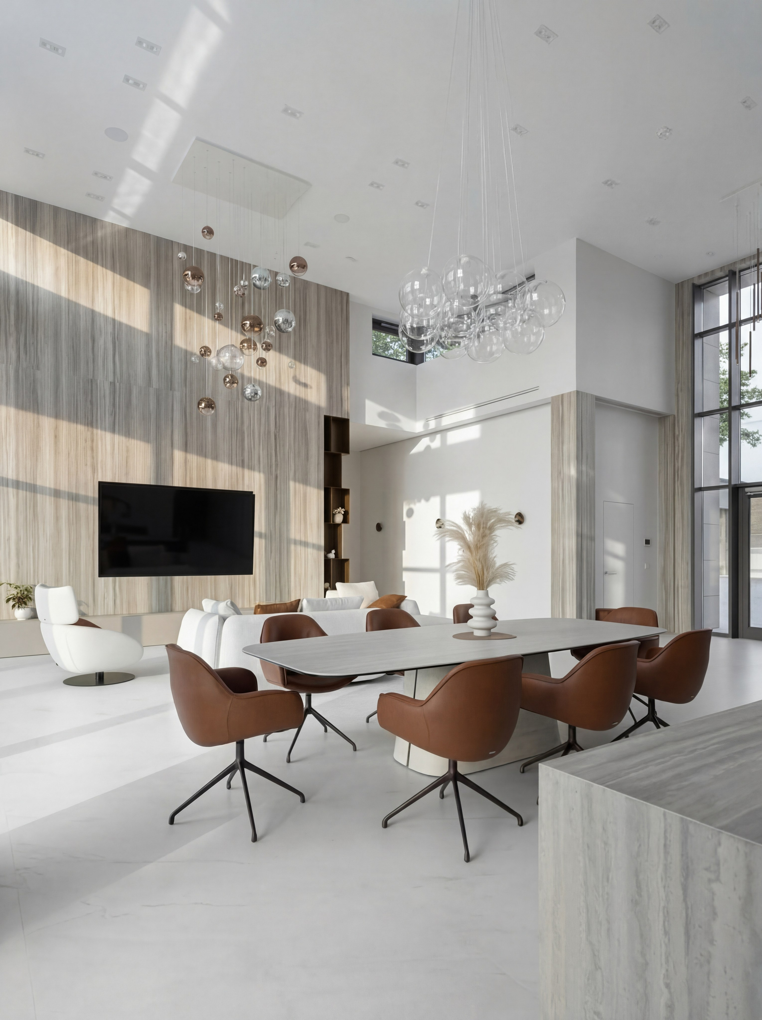 Архитектурный дизайн столовой и гостиной от Валерии Котович: обеденный стол с терракотовыми креслами, акцентная стена из камня с ТВ-зоной и дизайнерские люстры-шары в двухсветном пространстве дома площадью 540 м².