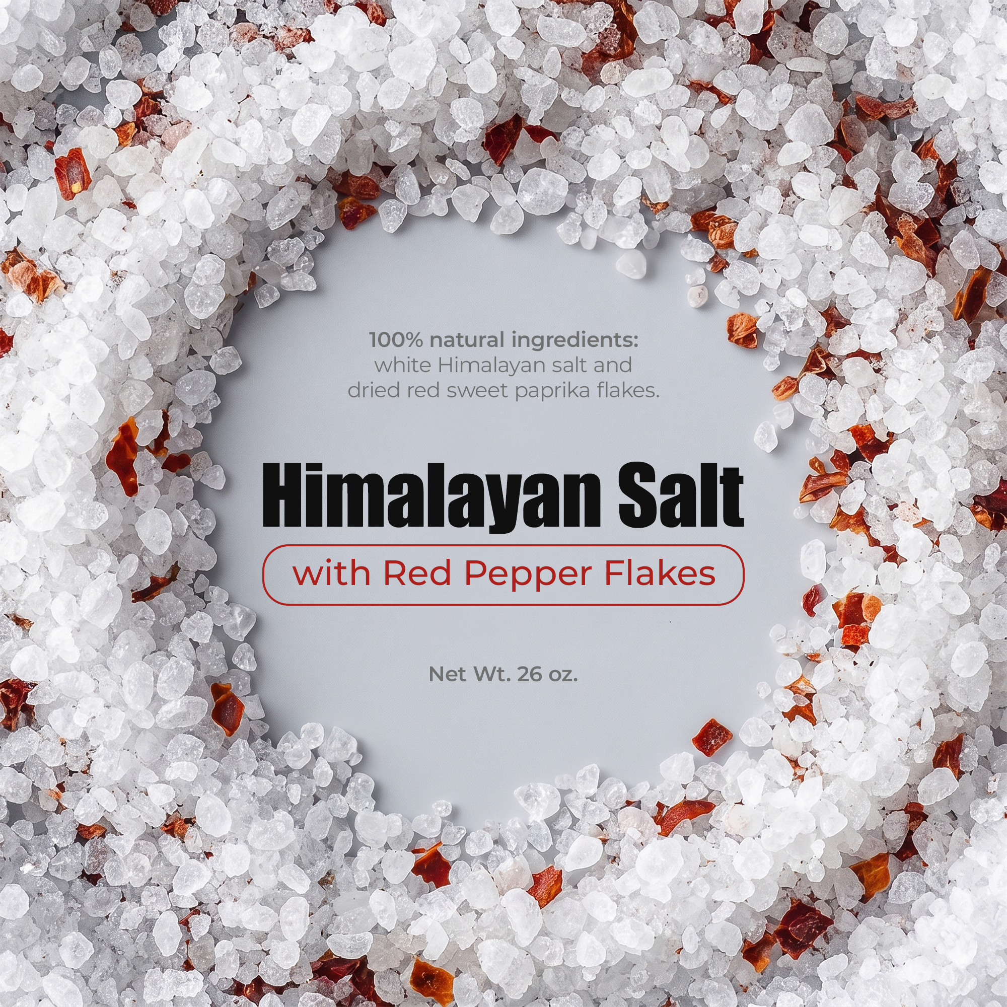 Professional Amazon listing main image for pink Himalayan salt with red paprika flakes.