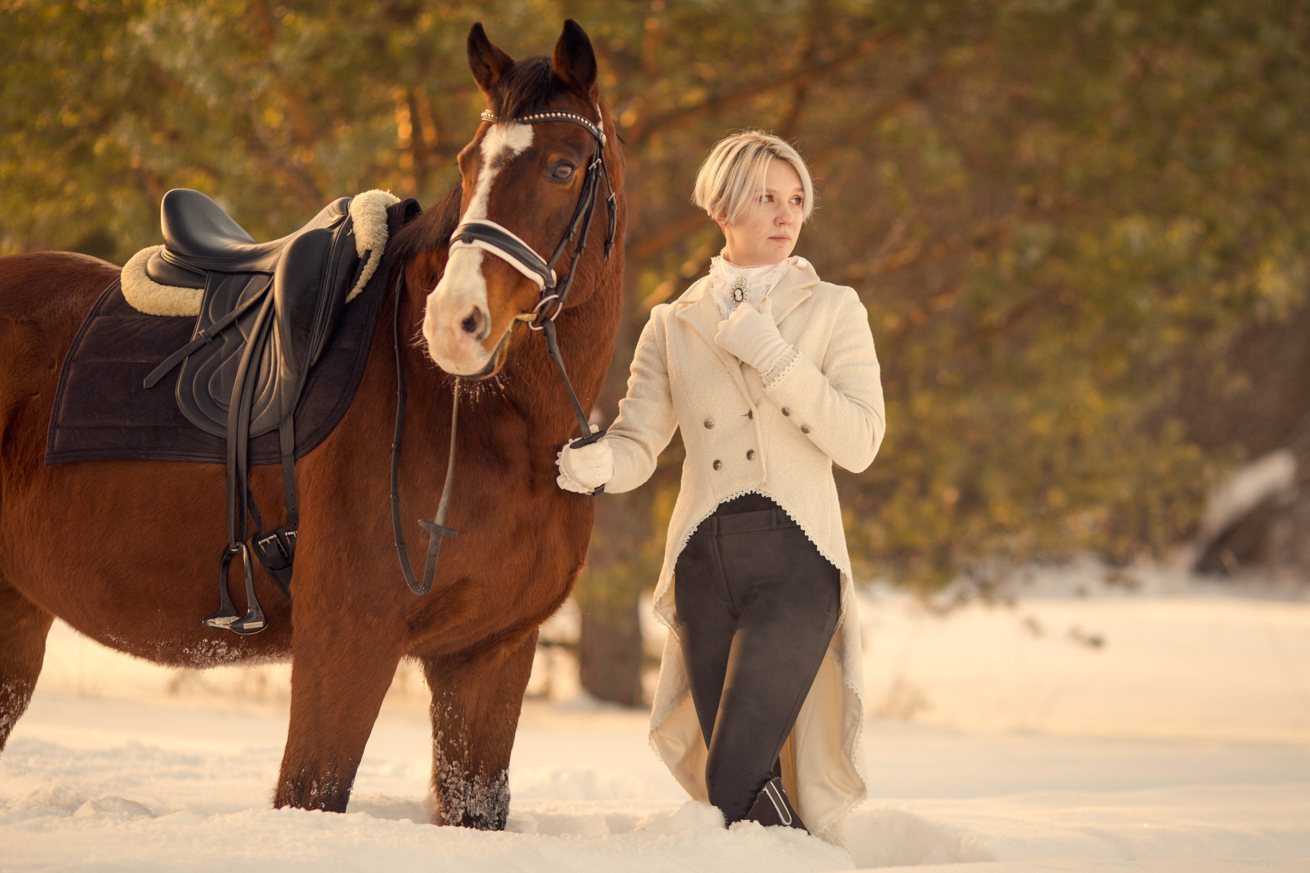 Фотосессия с лошадью зимой на фоне ёлок