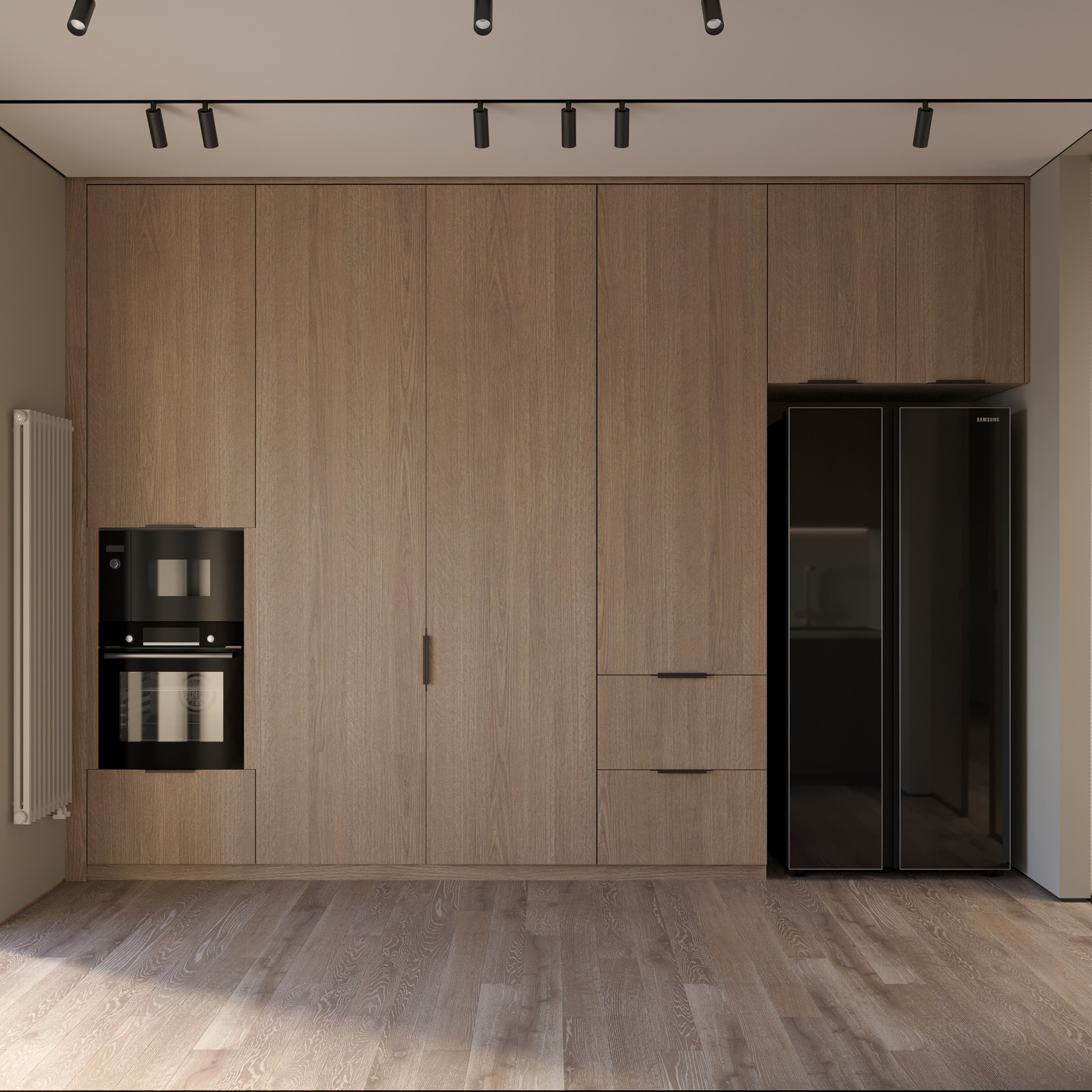 организация систем хранения в кухне в высоких шкафах, фасад из натурального шпона