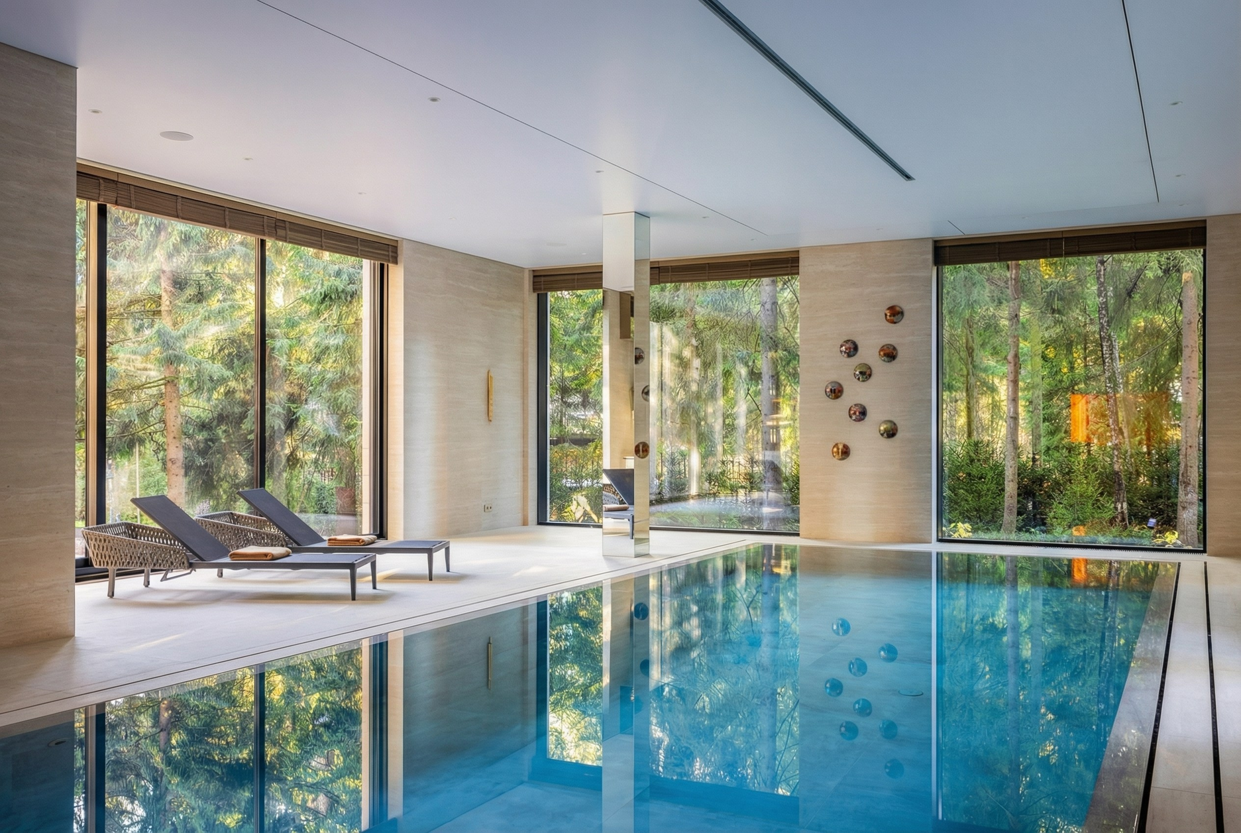 Панорамный вид SPA-зоны с 12-метровым бассейном, структурным остеклением и видом на хвойный лес, проект Валерии Котович в Подмосковье.