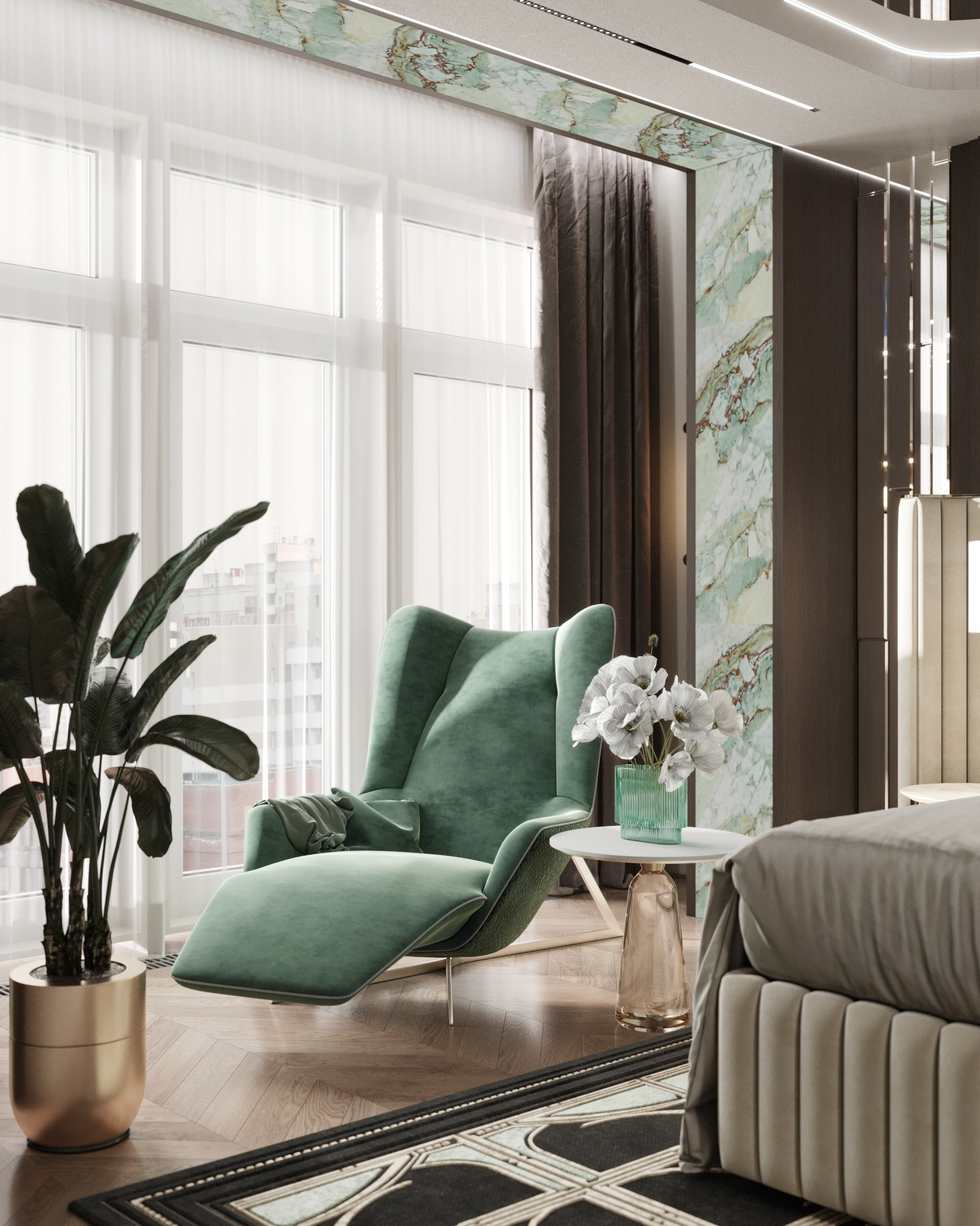 Зона отдыха в спальне с мягким зелёным шезлонгом у панорамного окна