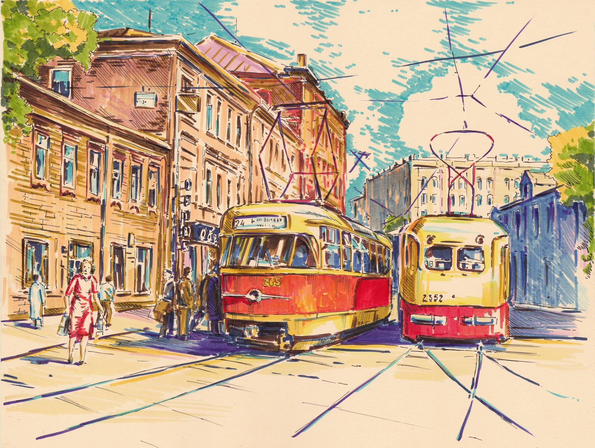 Трамваи. Художник Александр Петрунин