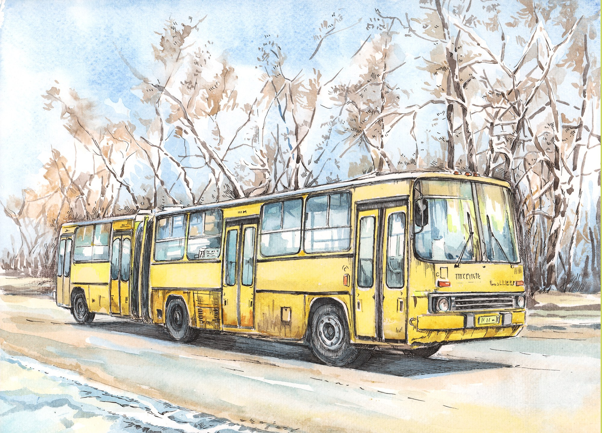 Автобус "Икарус-280".Акварель, тушь, 2022