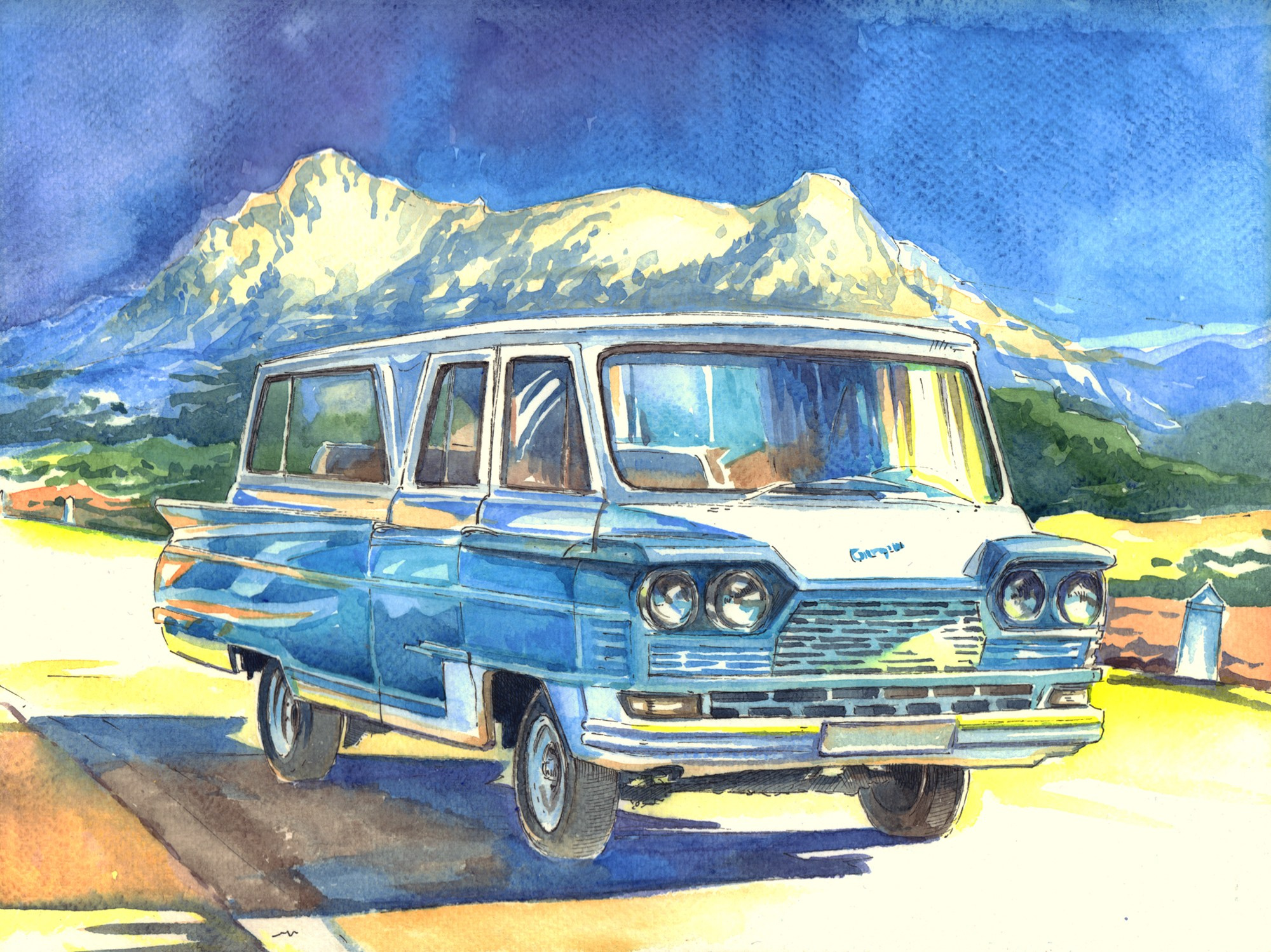 Микроавтобус из фильма "Кавказская пленница" ( "Старт").Акварель, тушь, 2022