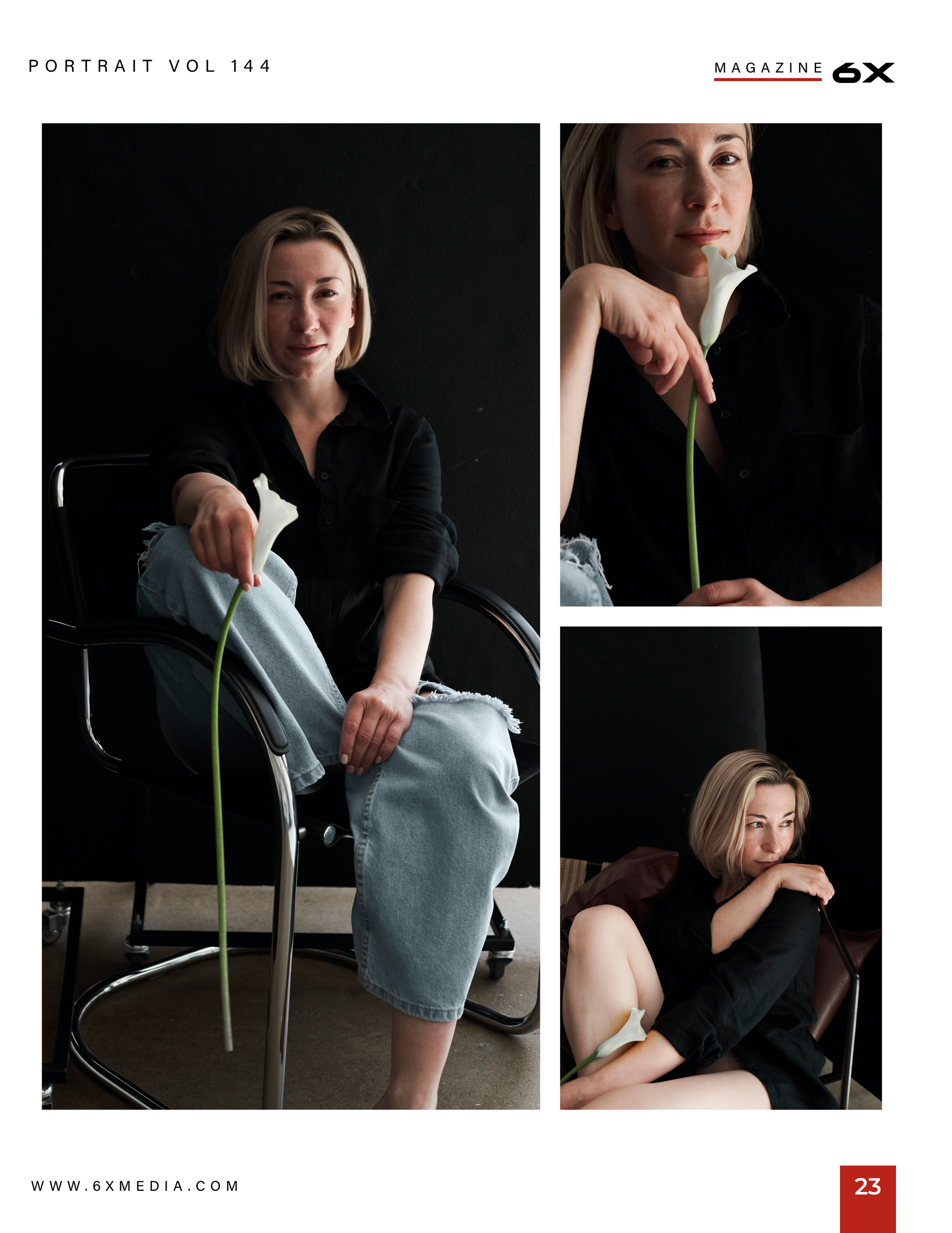 Портрет девушки на черном фоне, девушка в пиджаке и черном спортивном топе сидит на стуле с цветком каллы в руках