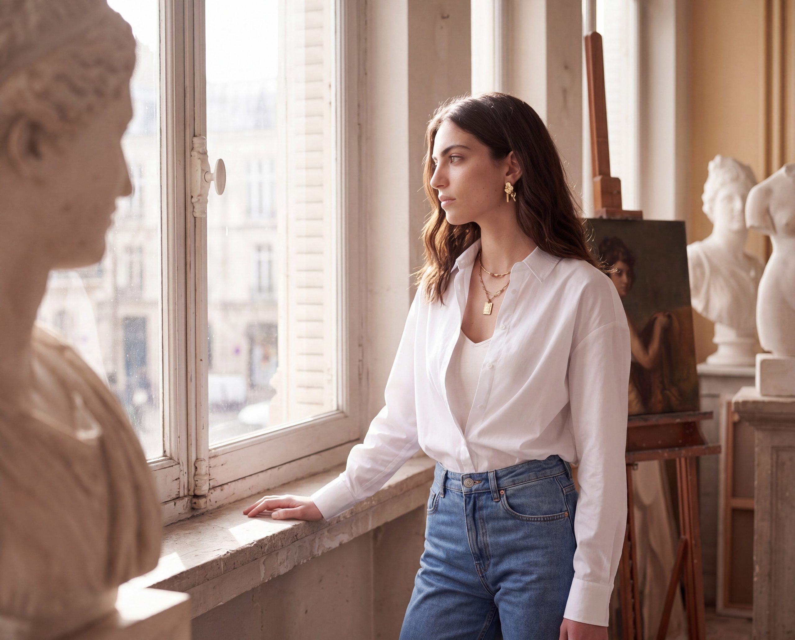 Имиджевая ИИ-фотосессия: AI-модель в белой рубашке и джинсах, создает уникальный визуальный язык бренда без ограничений по локациям