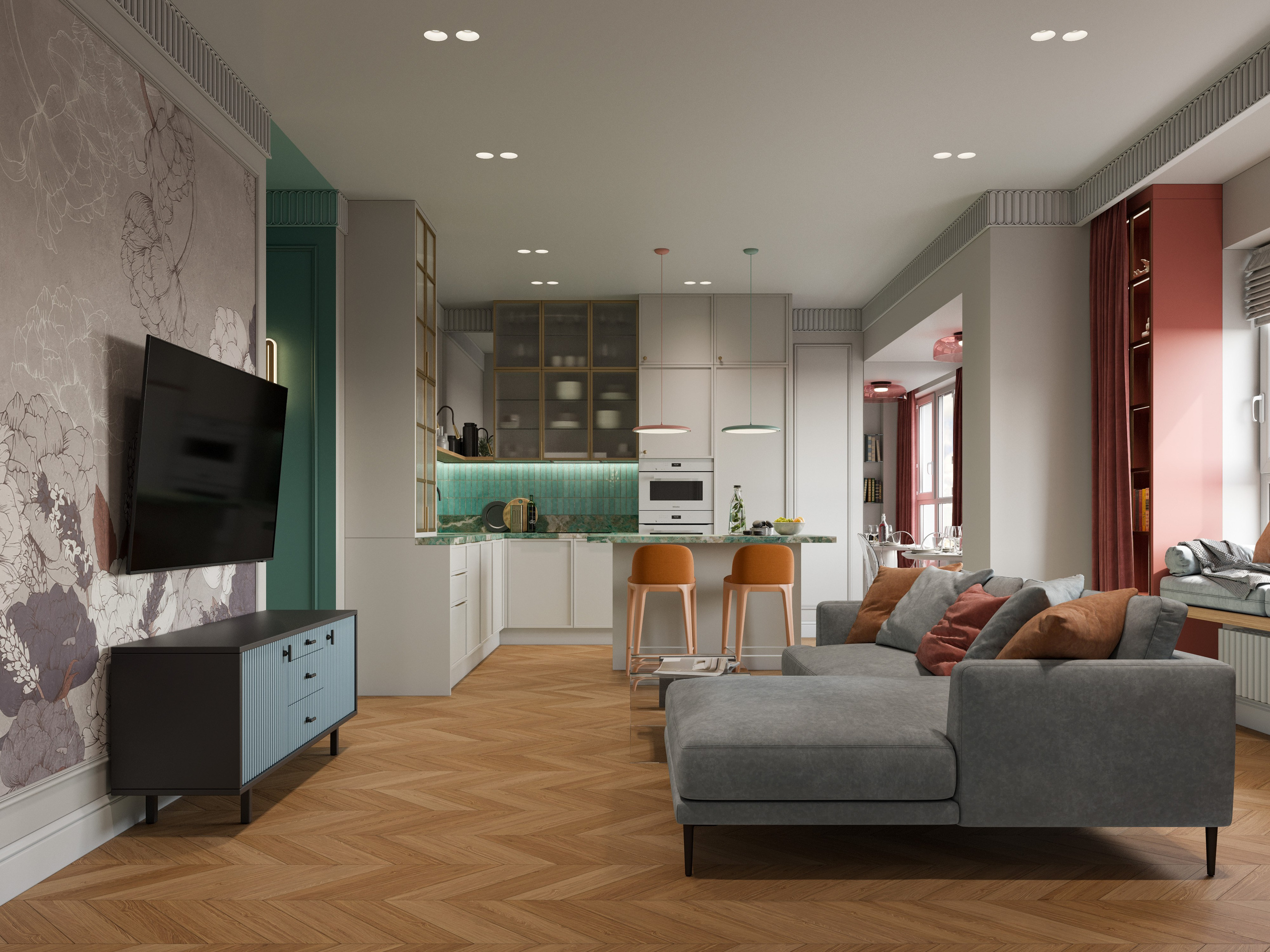 3D визуализация кухни-гостиной в стиле современная классика с белыми фасадами и мраморной столешницей