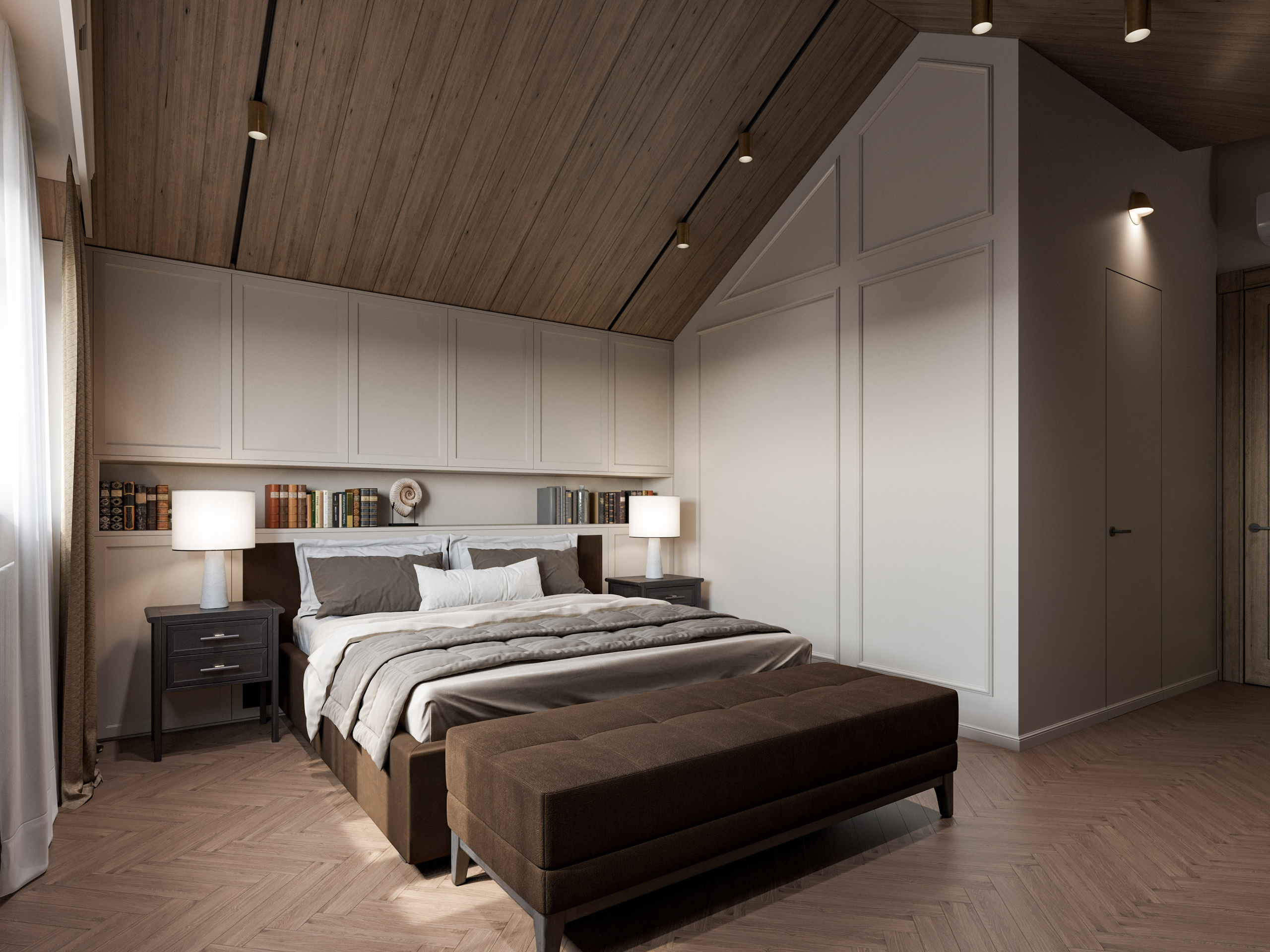 Уютная мансарда в срубе с кроватью у окна и встроенными системами хранения