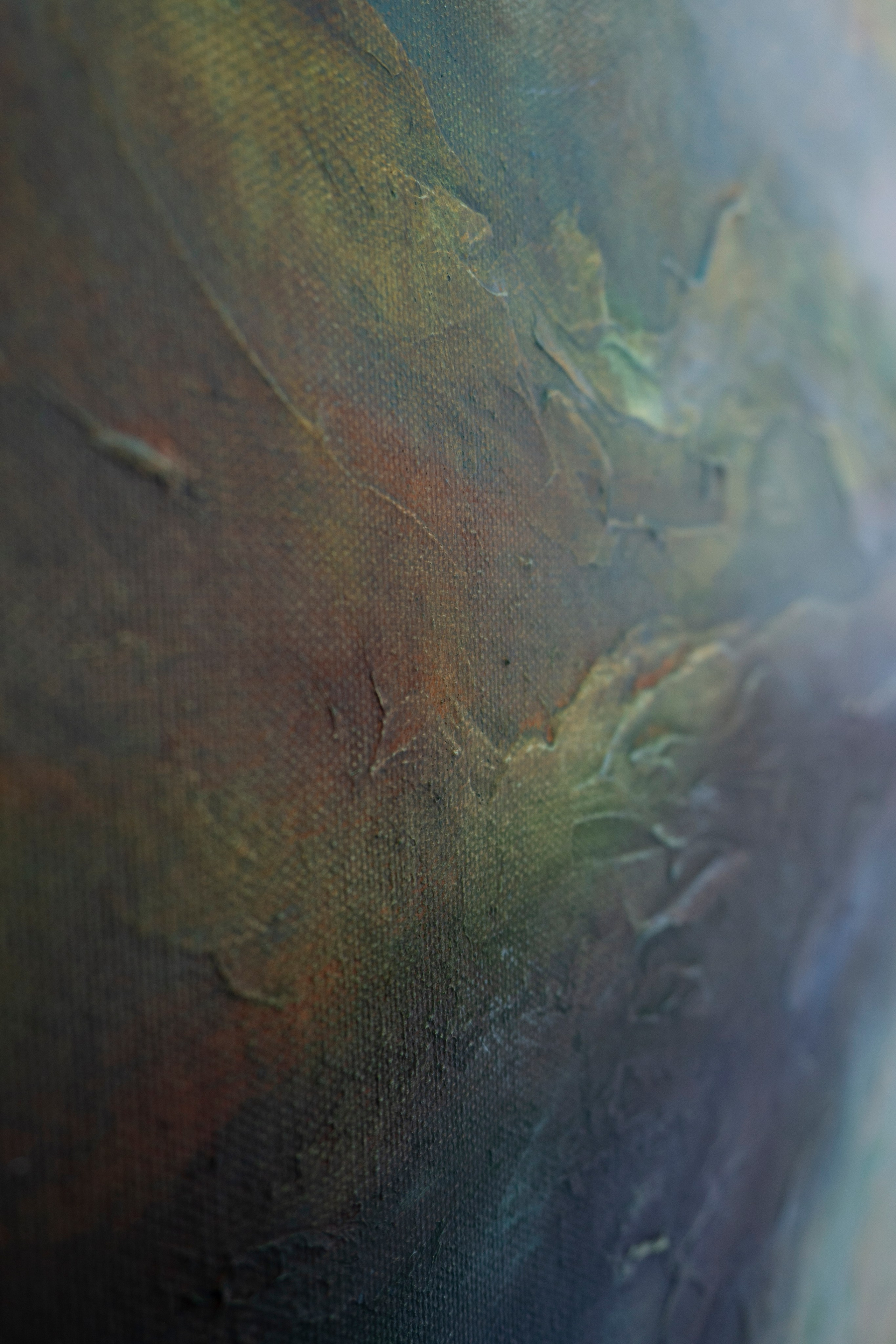 Abstract oil painting of deep green and blue swirling shapes. Pavel Korshun — Contemporary Plein Air