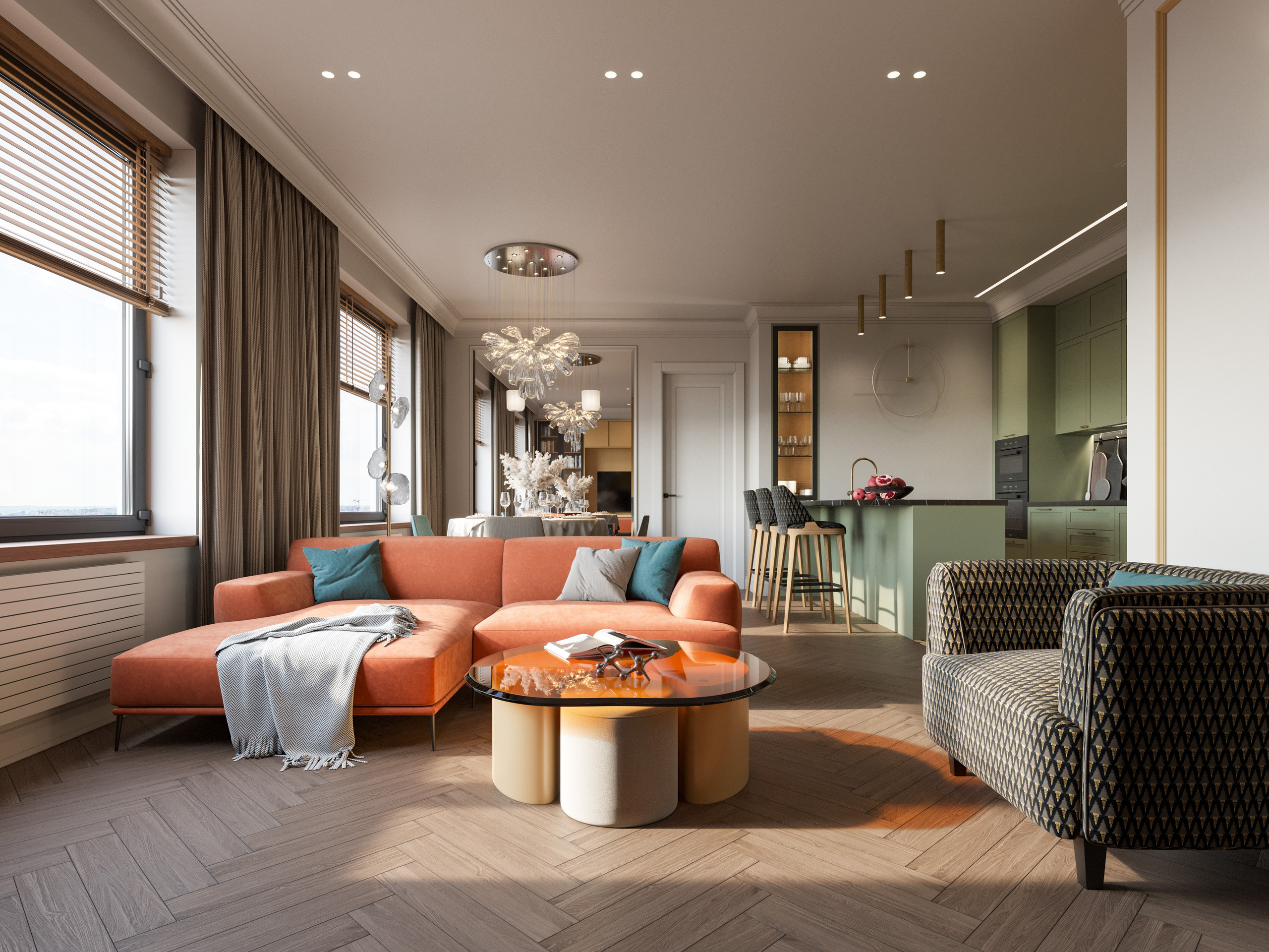 3D визуализация гостиной с рыжим диваном и бирюзовыми акцентными подушками в современном интерьере