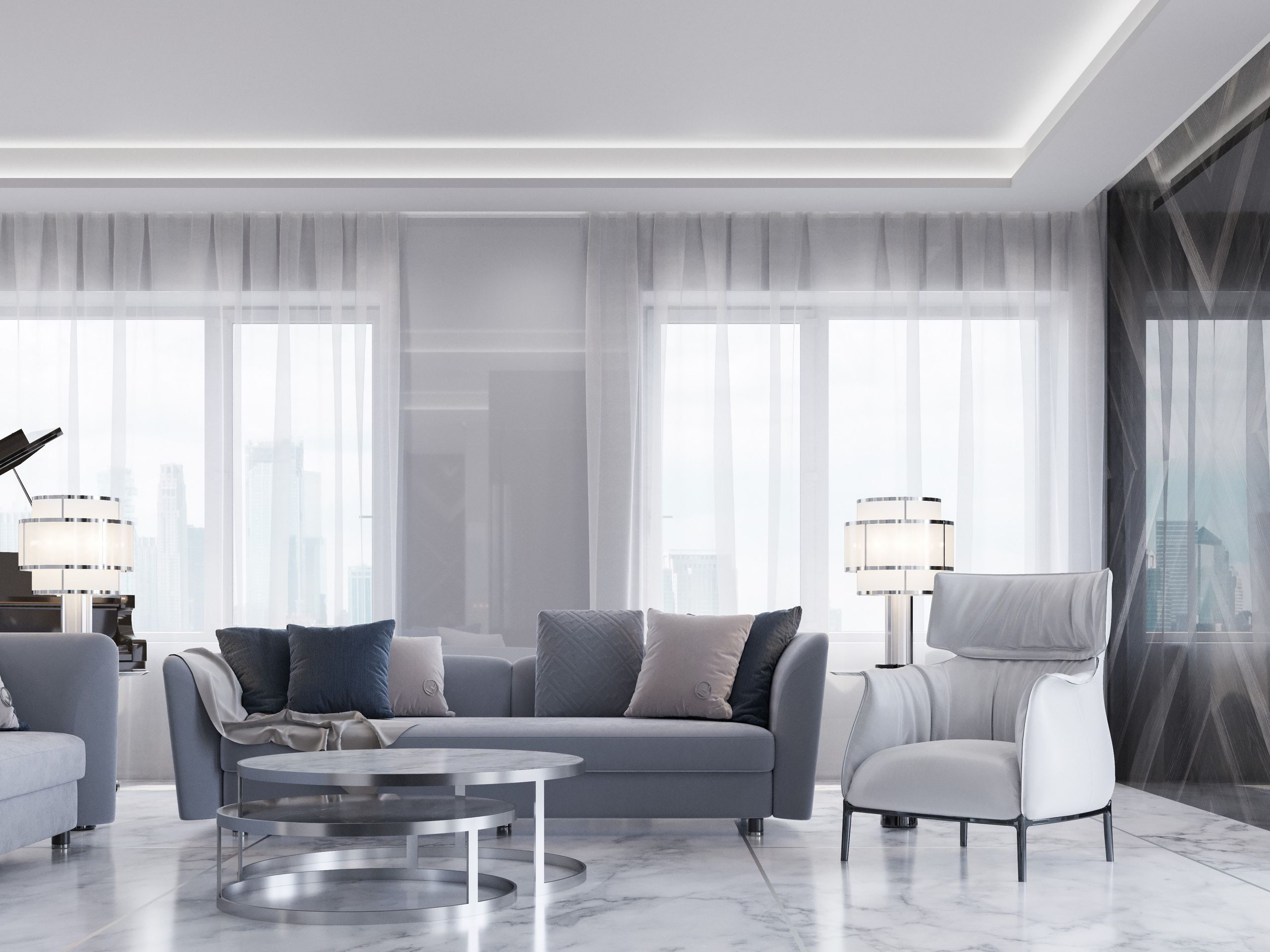 3D визуализация гостиной в стиле современная роскошь с мраморным полом и глянцевыми панелями