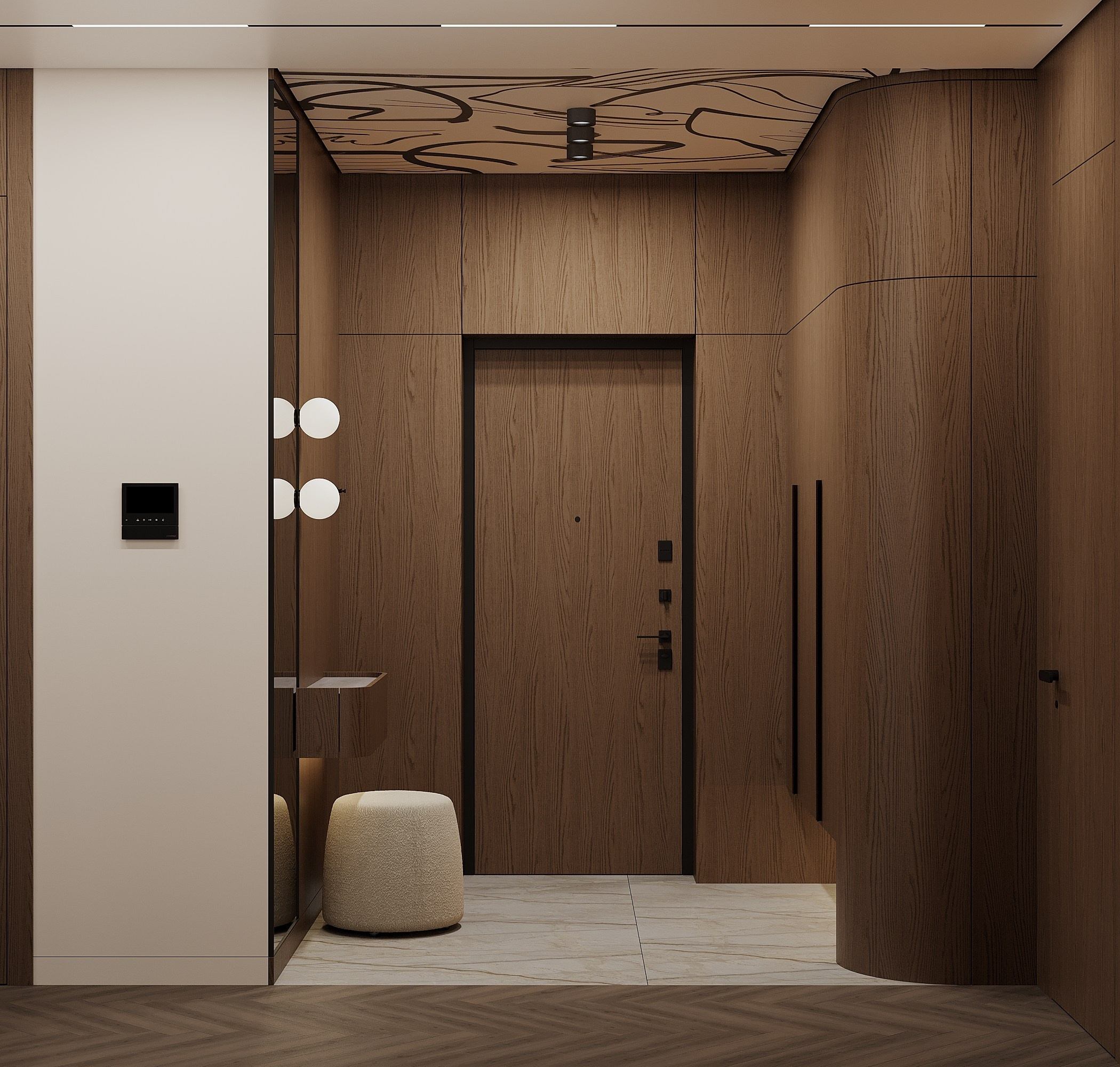 Прихожая в современном стиле в деревянных панелях  A modern style hallway with natural wood wall finishes