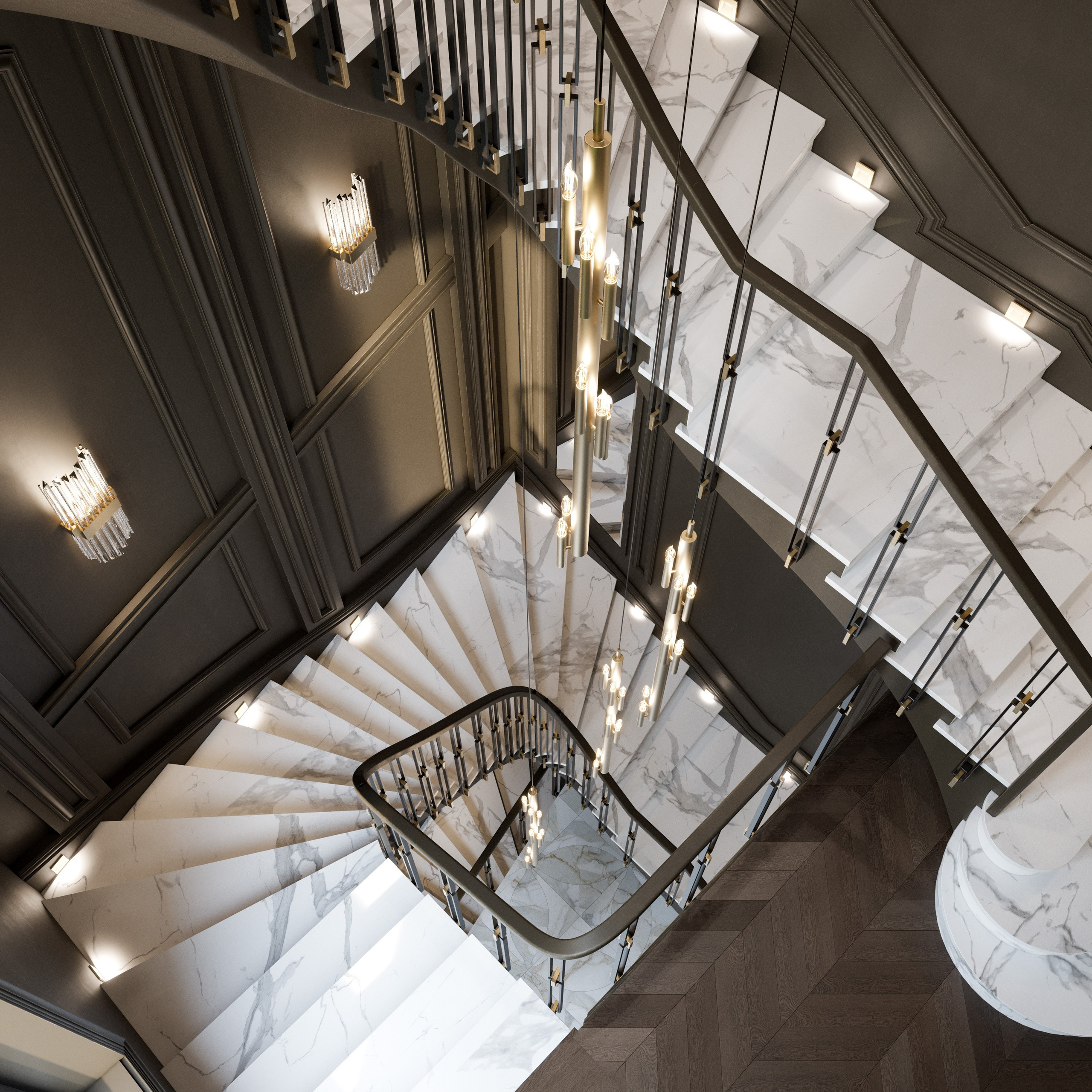 Хрустальная люстра над лестничным пролетом в холле классического особняка