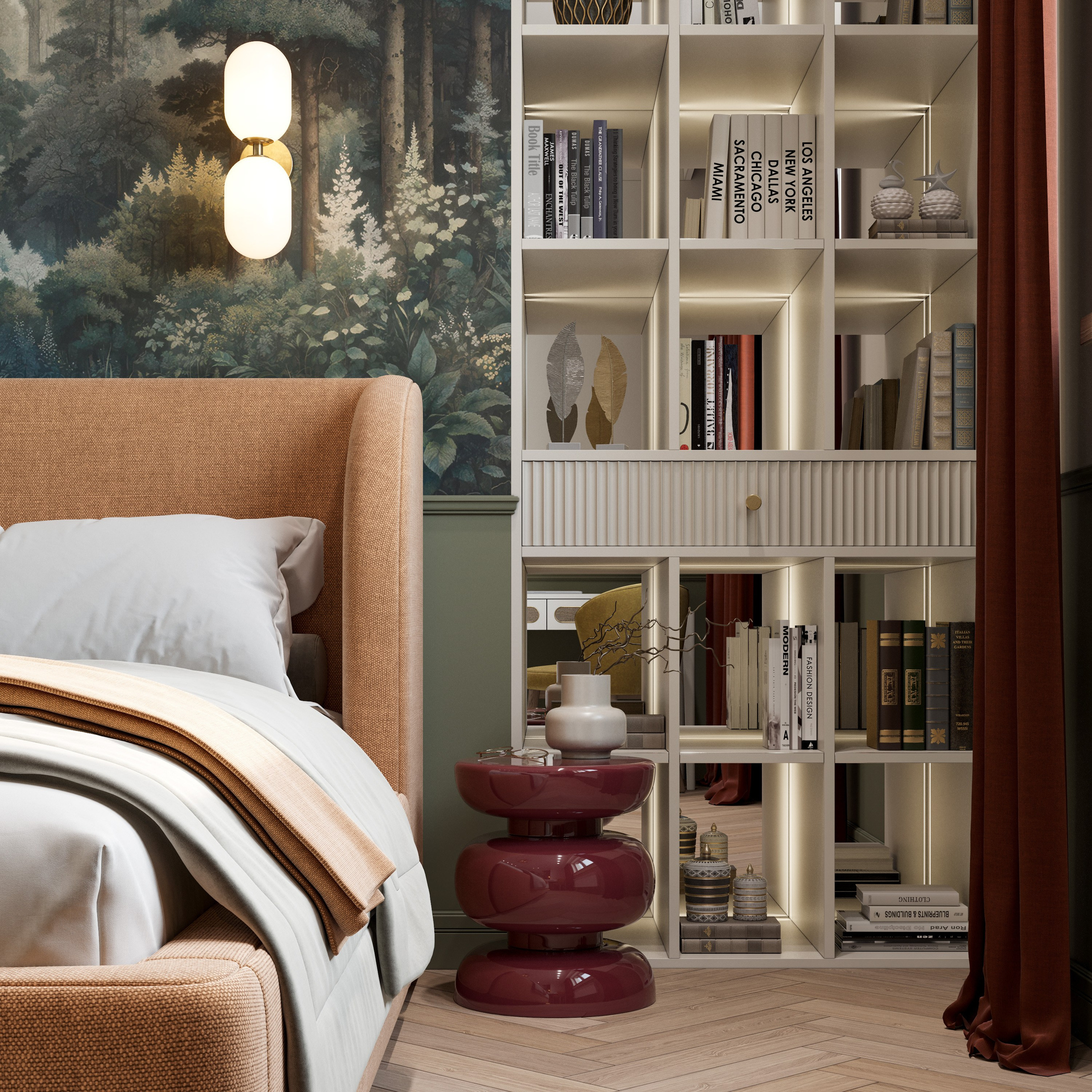 Интерьер спальни с рыжим текстилем, классическими молдингами и современными прикроватными тумбами