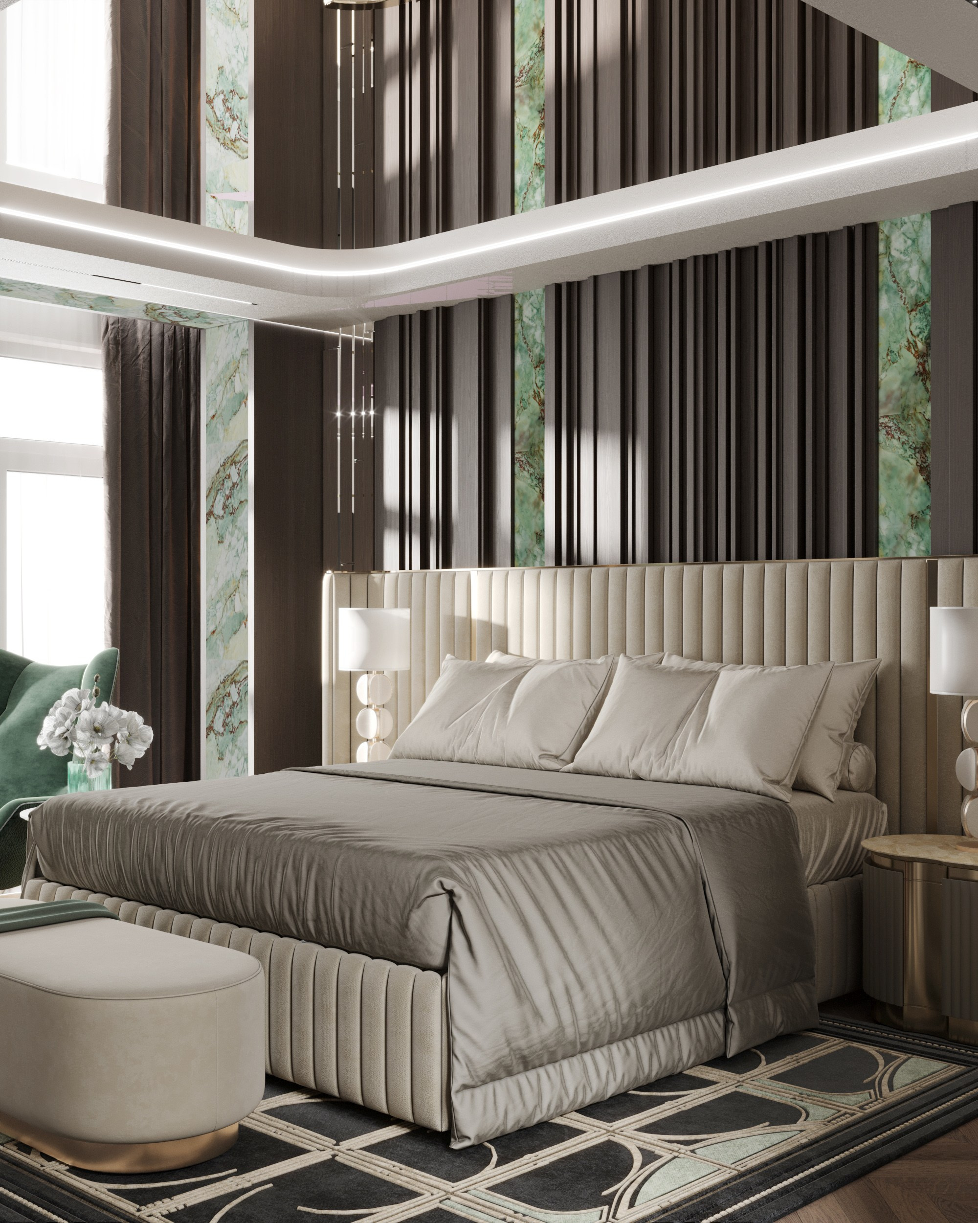 Интерьерная визуализация спальни с крупным видом на кровать и стену