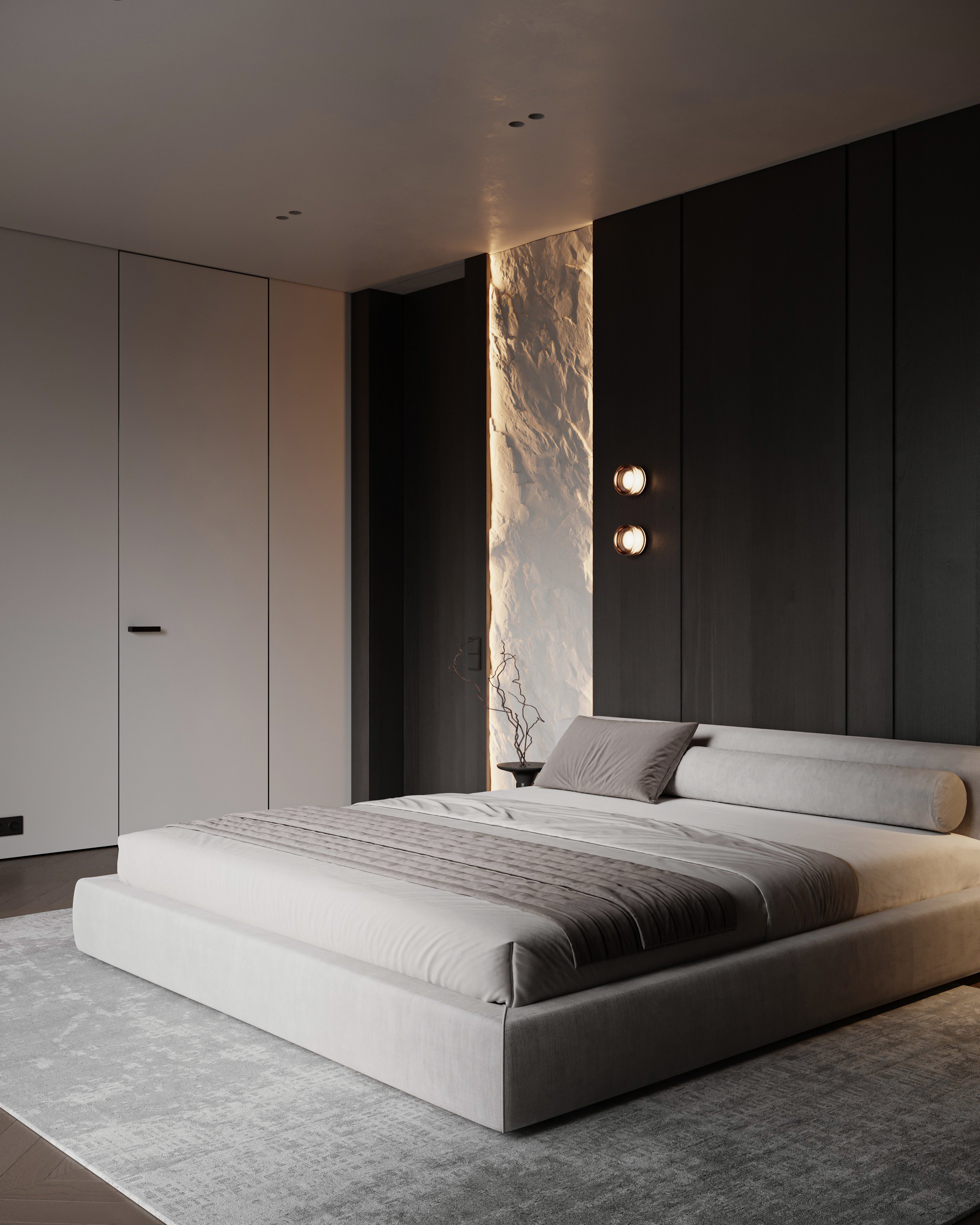 Дизайн интерьера современной спальни со скалой