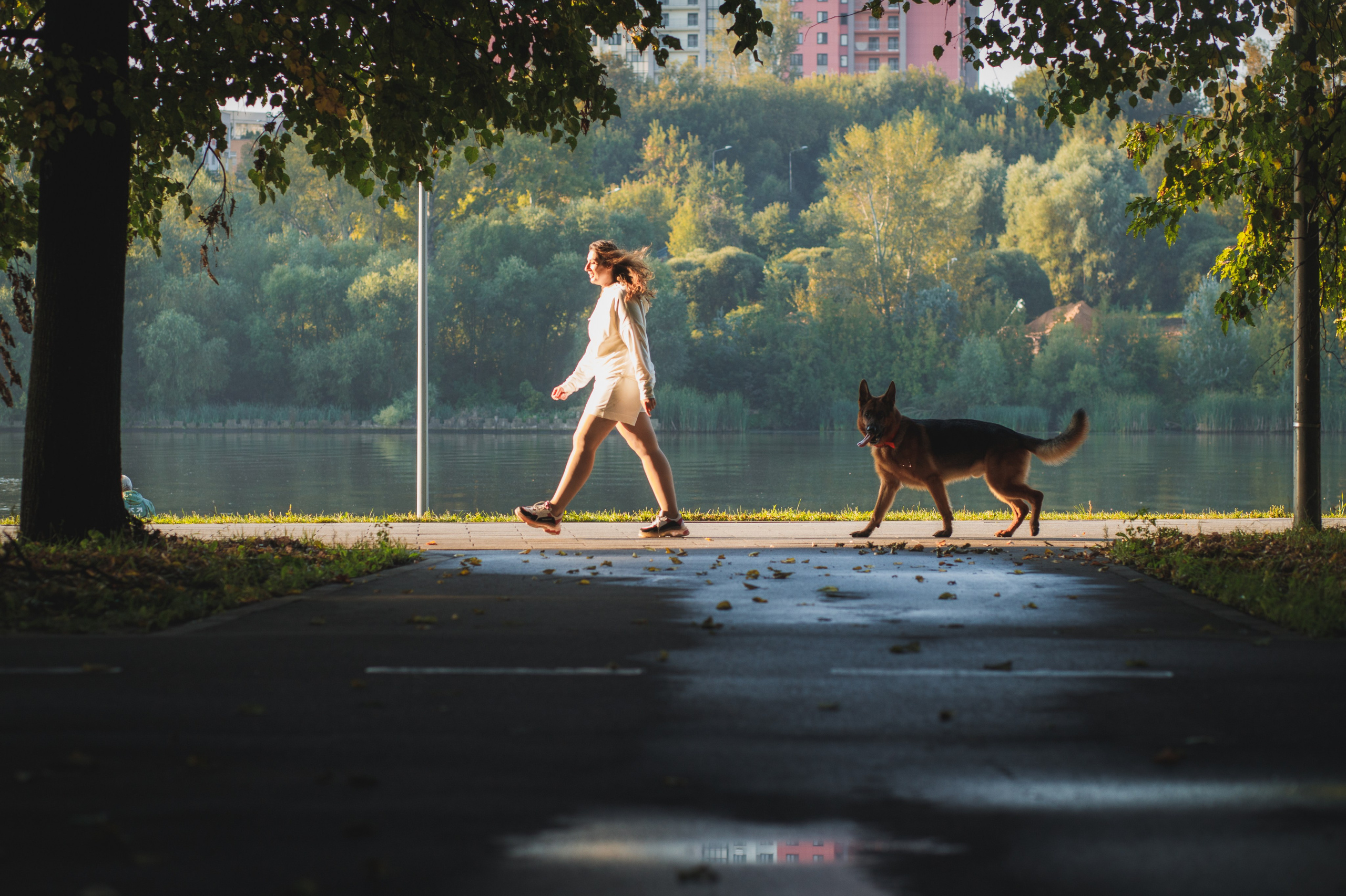 Фотопрогулка молодой девушки и ее собаки летним утром в парке. Семейный и школьный фотограф в Москве Анна Ткач