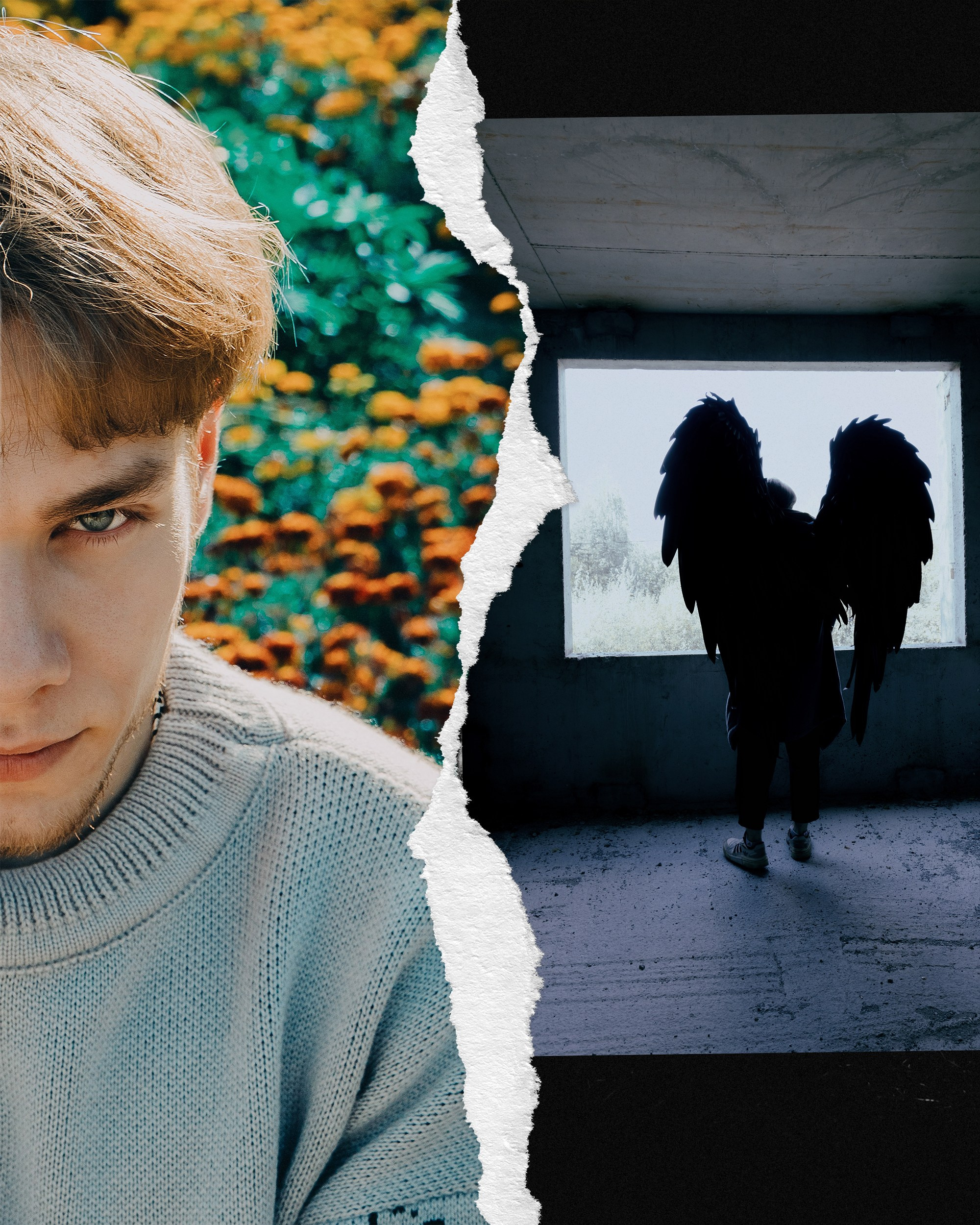 Слева мужчина смотрит в камеру из под лобья. Справа на нем крылья и он смотрит в окно