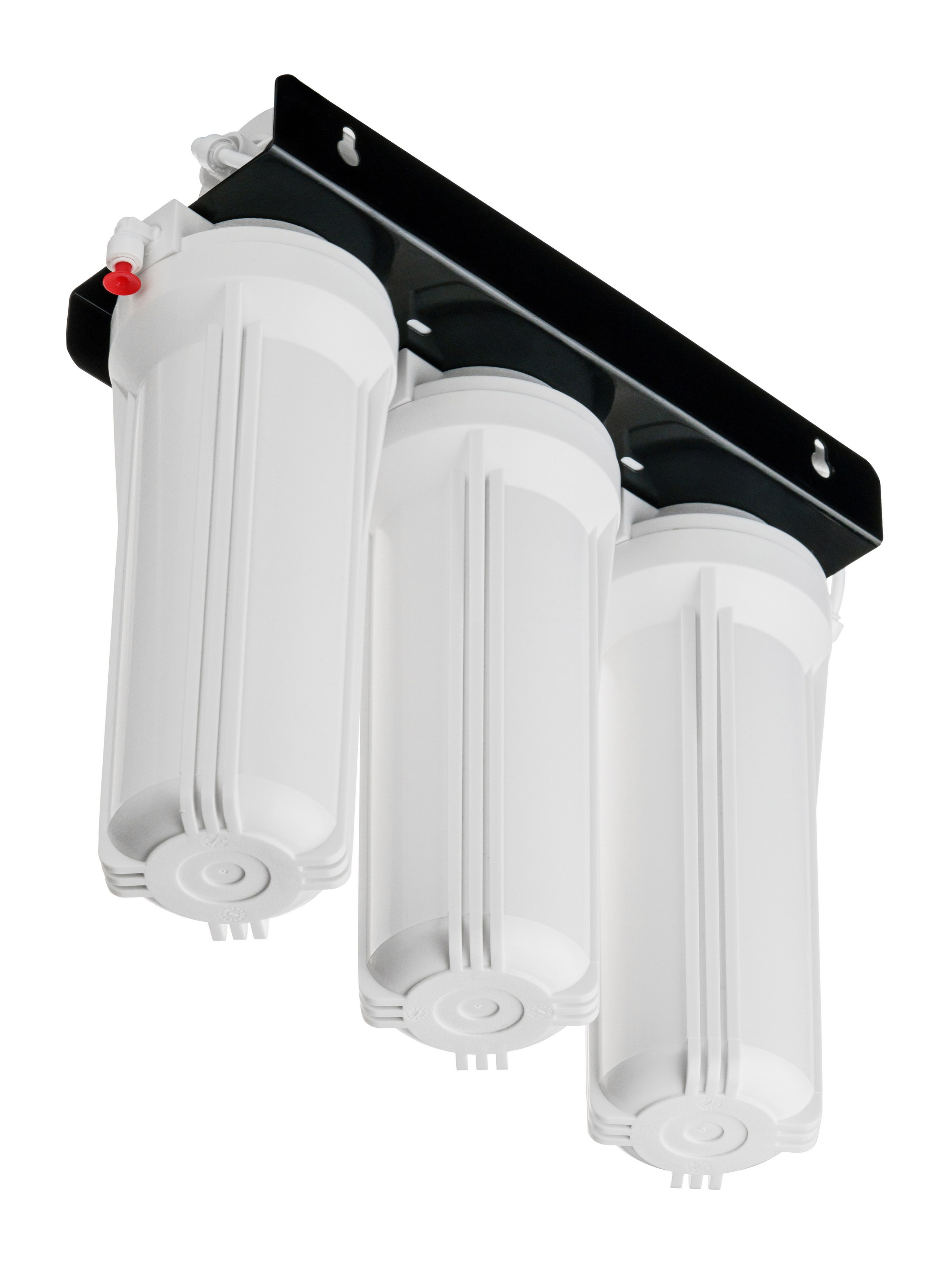 Проточный фильтр для воды Экрусс — нижний ракурс сзади, демонстрация креплений и соединений