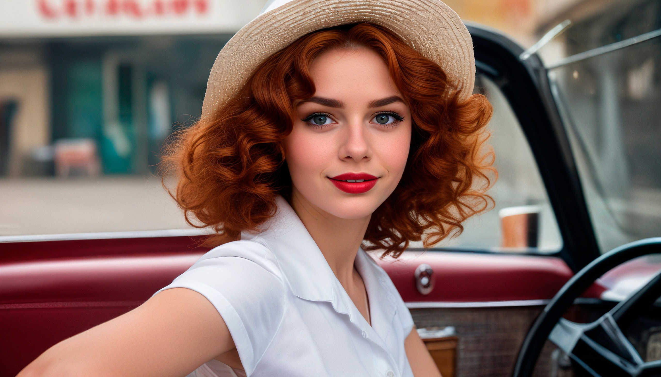 A red-haired girl driving an open car, summer, America of the 50s...
