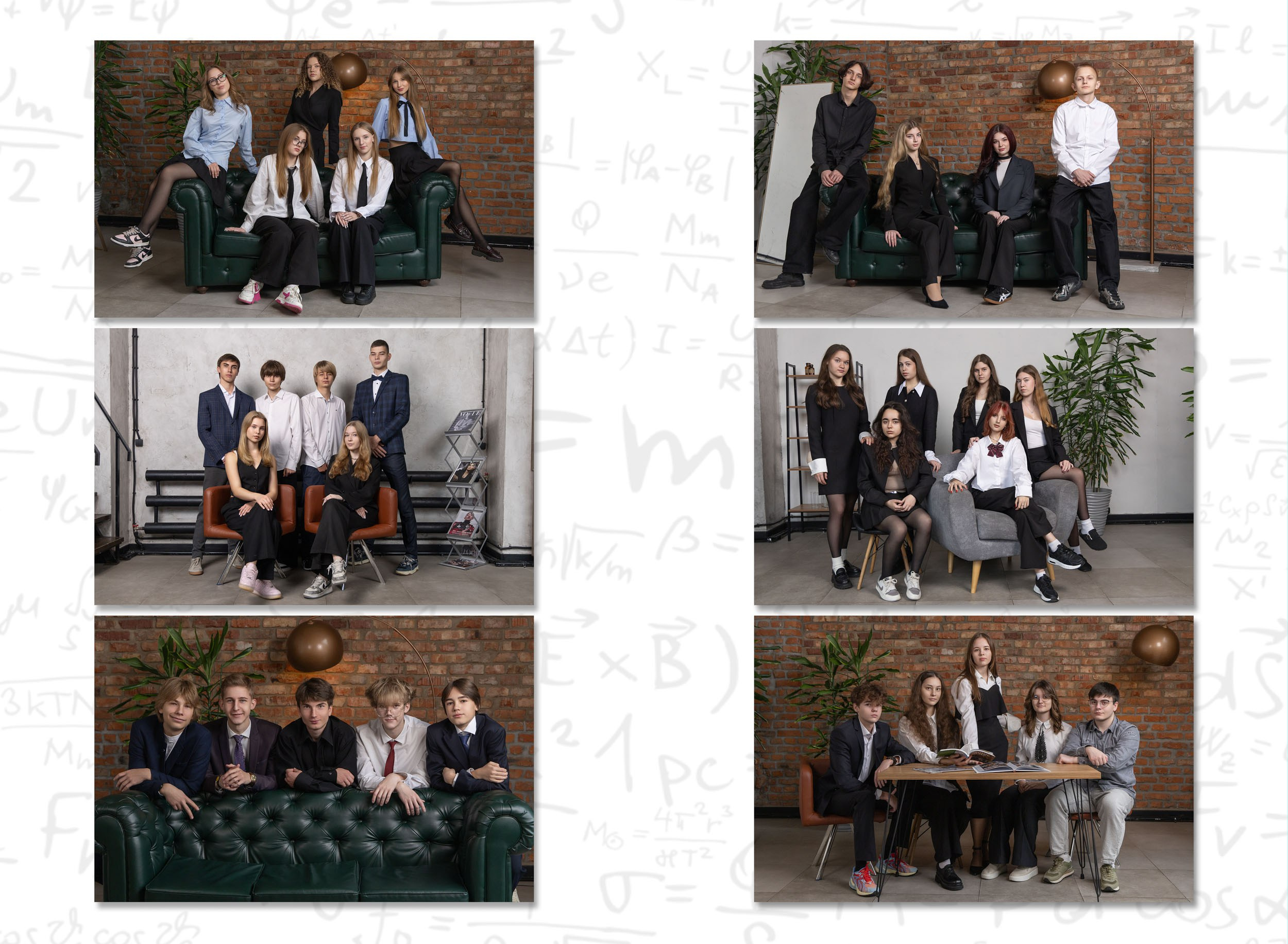 Разворот выпускного альбома с шестью групповыми студийными фотографиями.