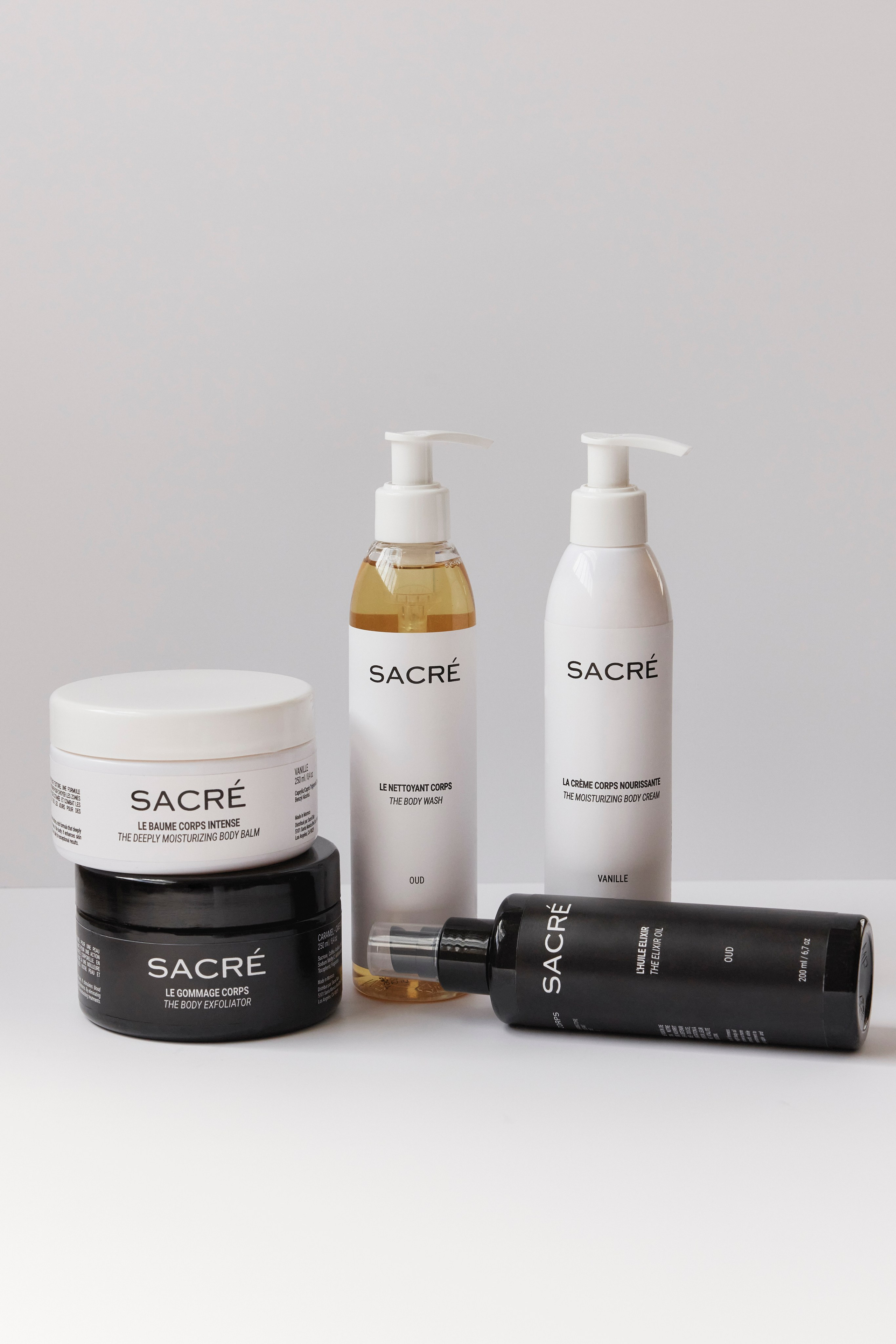 Full set of skincare products elegantly arranged, showcasing a luxury beauty routine.