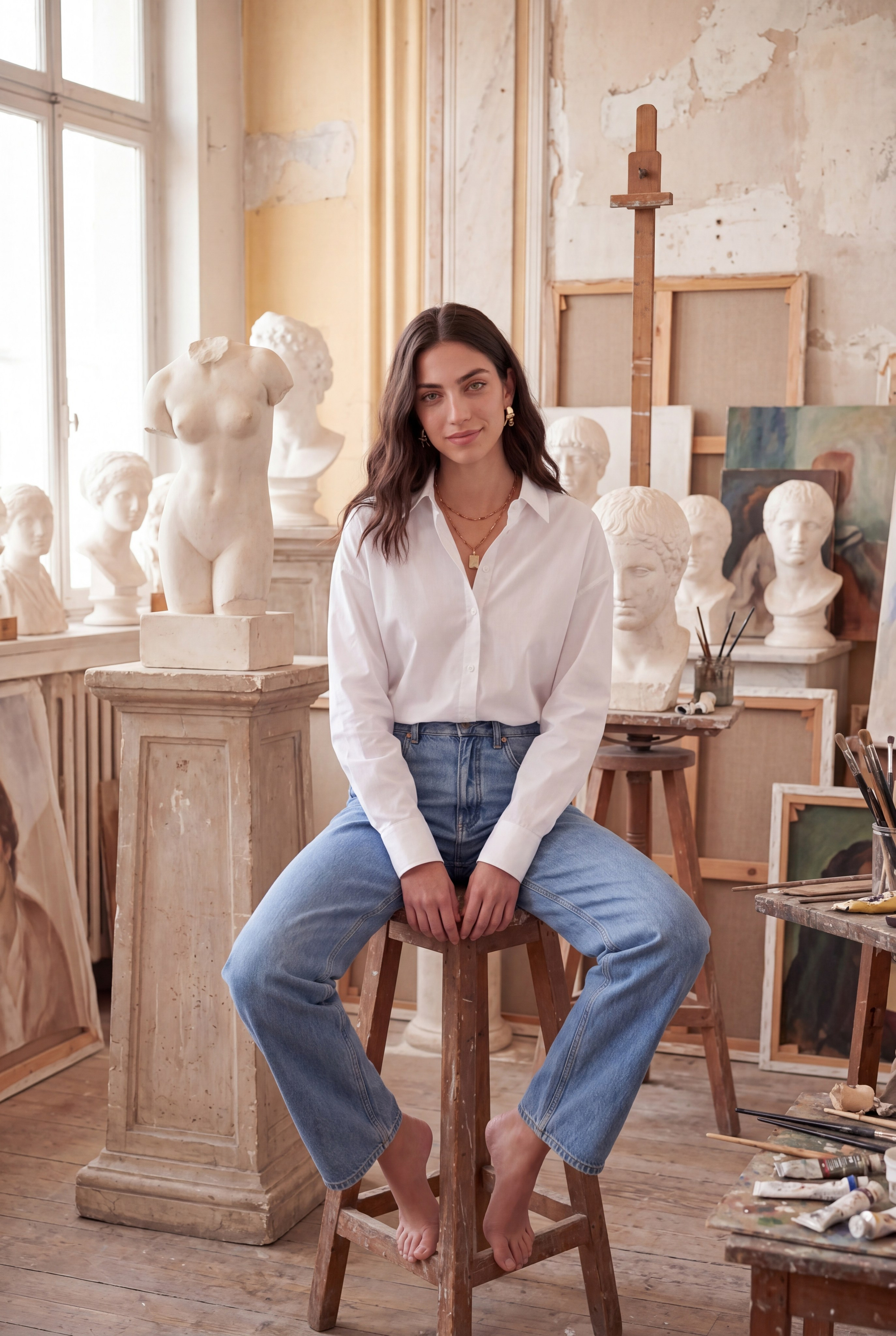 Имиджевая ИИ-фотосессия: AI-модель в белой рубашке и джинсах, сидящая, формирует запоминающийся образ для личного бренда в соцсетях