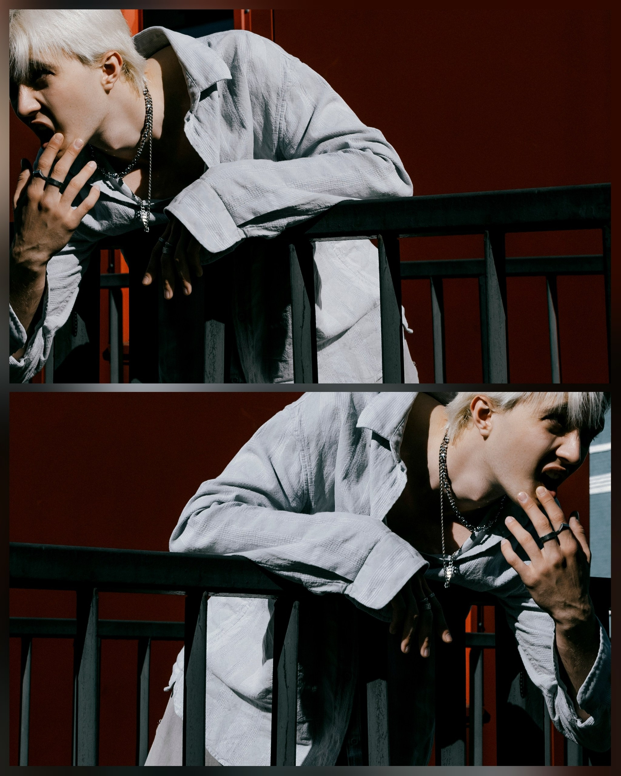 фото блондина на красном фоне