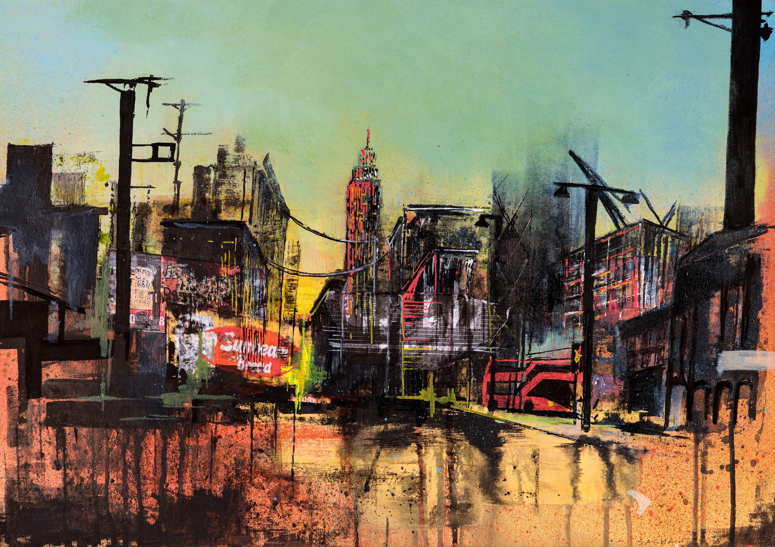 Художественное изображение оживленной городской улицы с отражениями на мокром асфальте