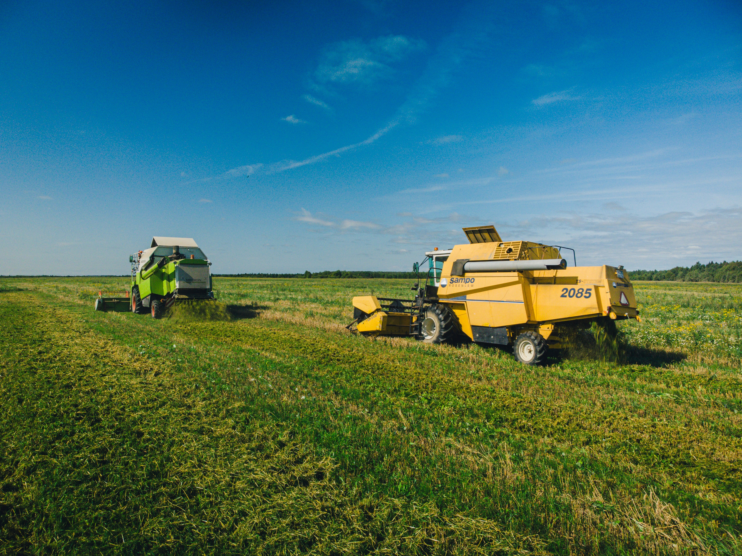 покос травы в поле при помощи тракторов