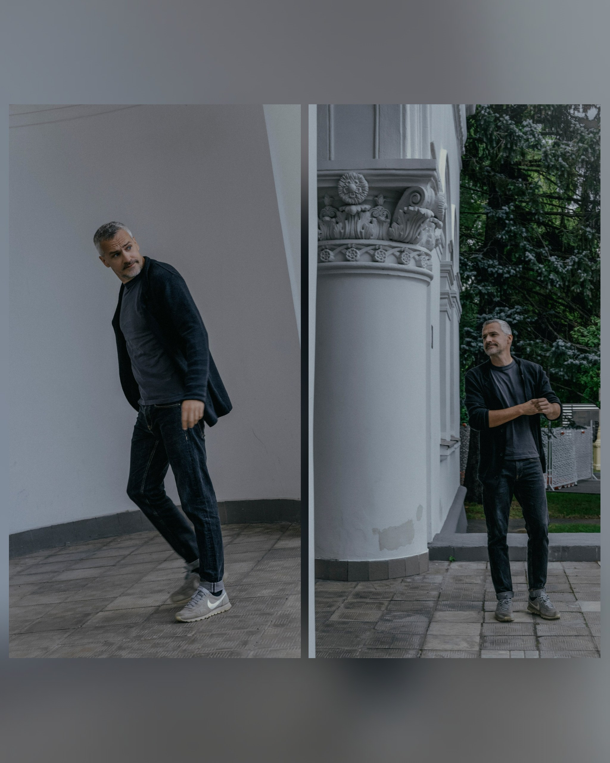 мужчина идёт по улице на фоне дома 