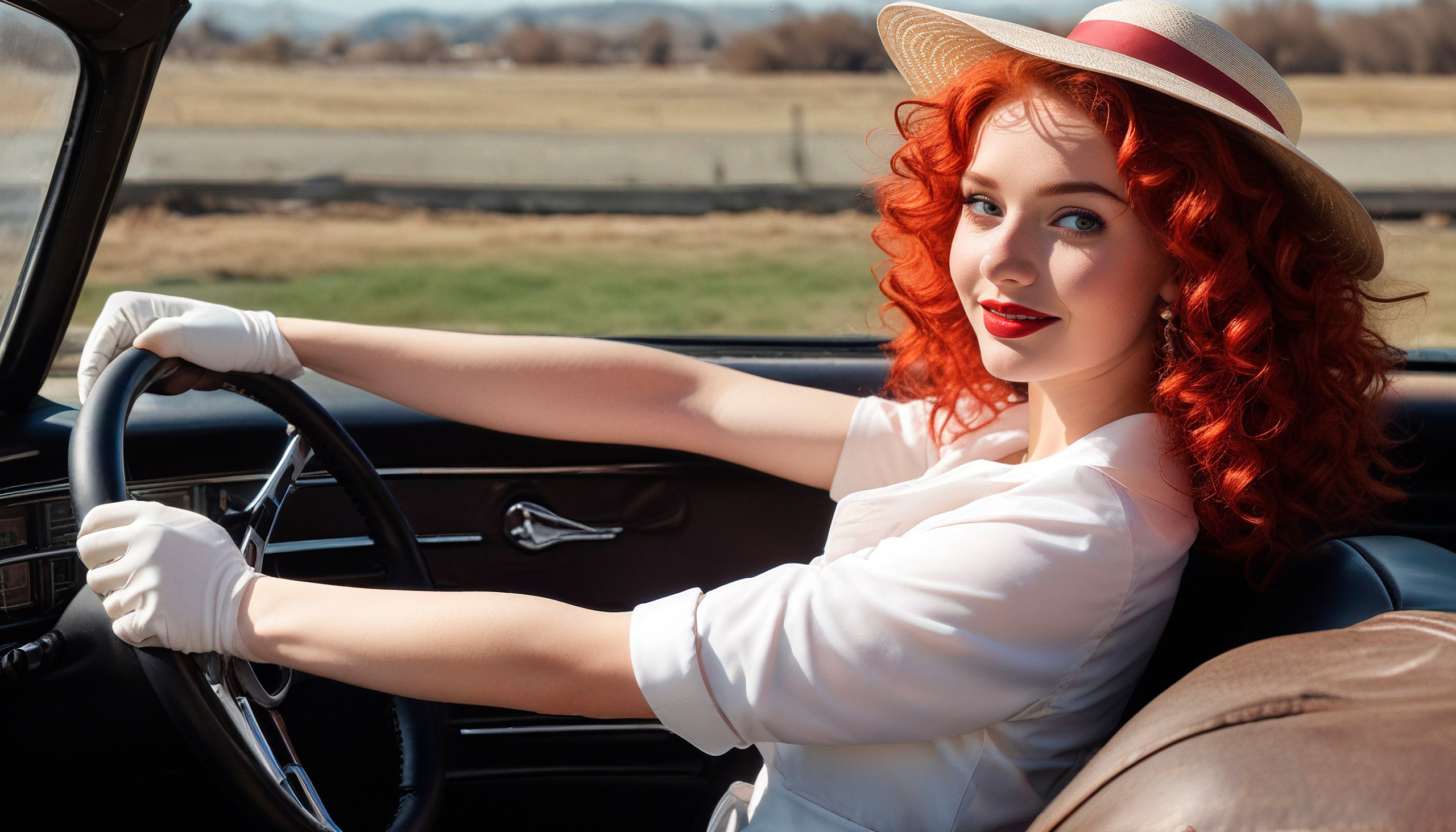 A girl in a hat driving an open car, red curled hair, America of the 50s...