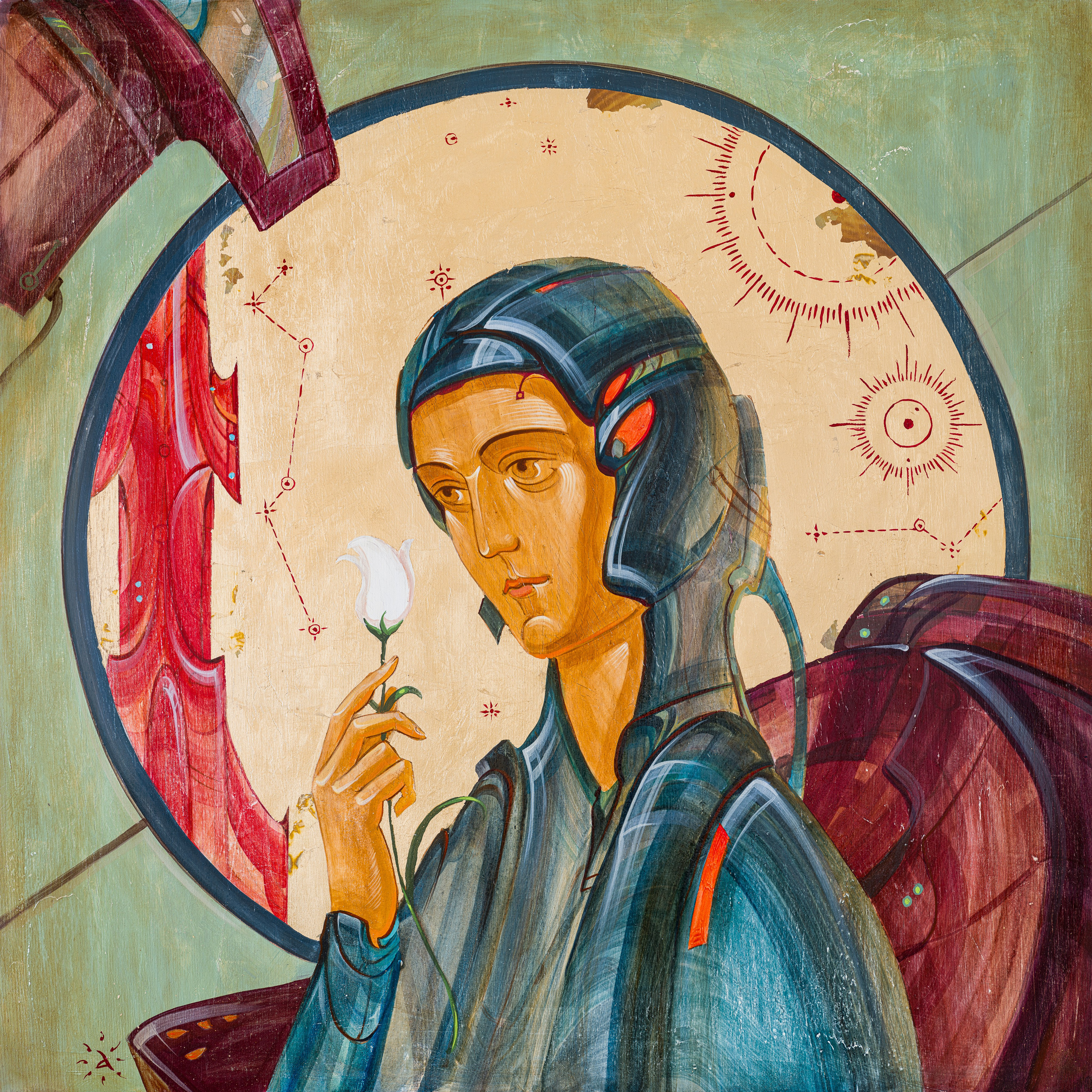 «Воспоминание» - художник Антон Фролов (дерево, темпера, поталь, 65х65см, 2024)