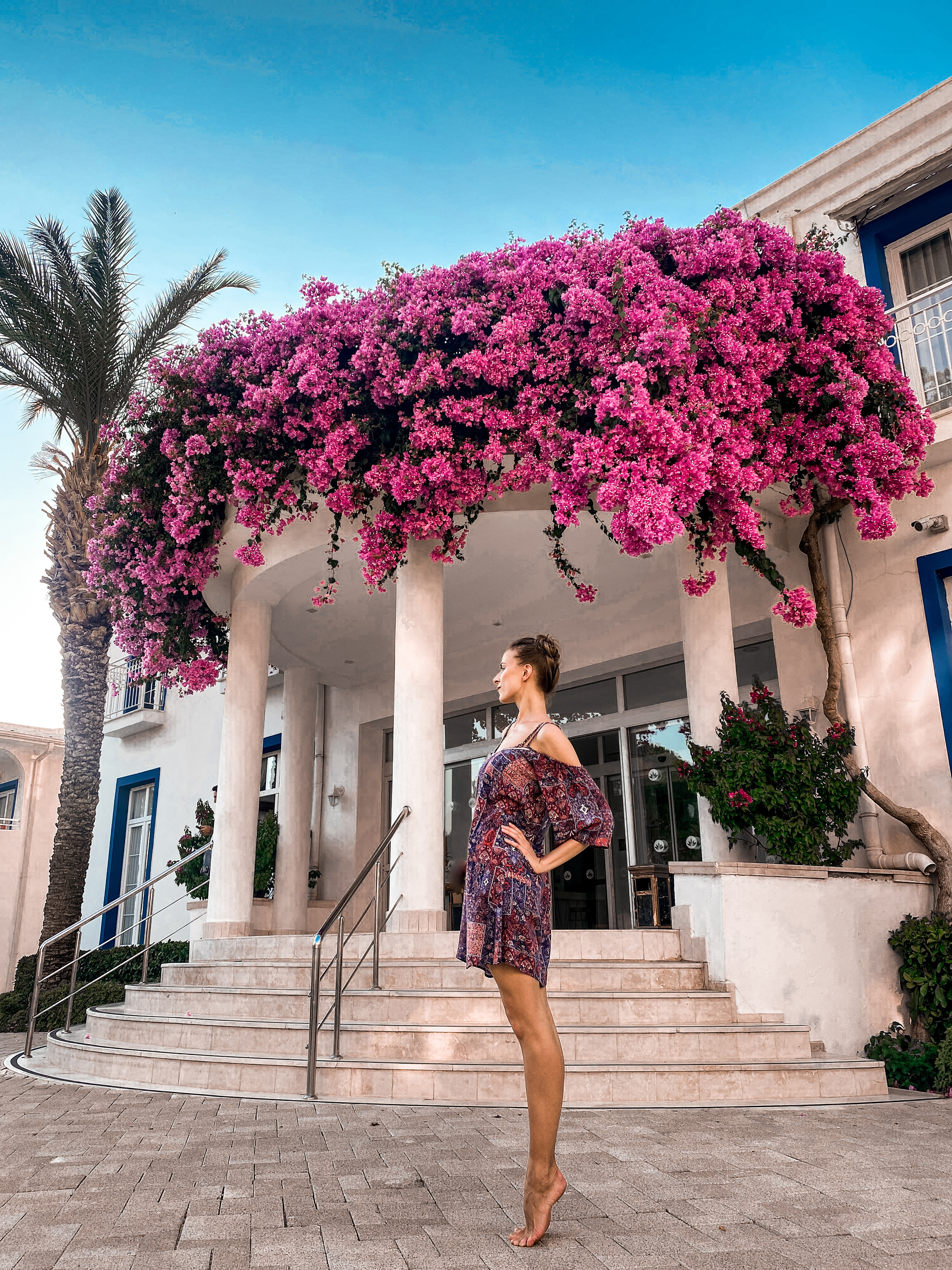 Балерина Большого театра на фоне цветов и пальм.