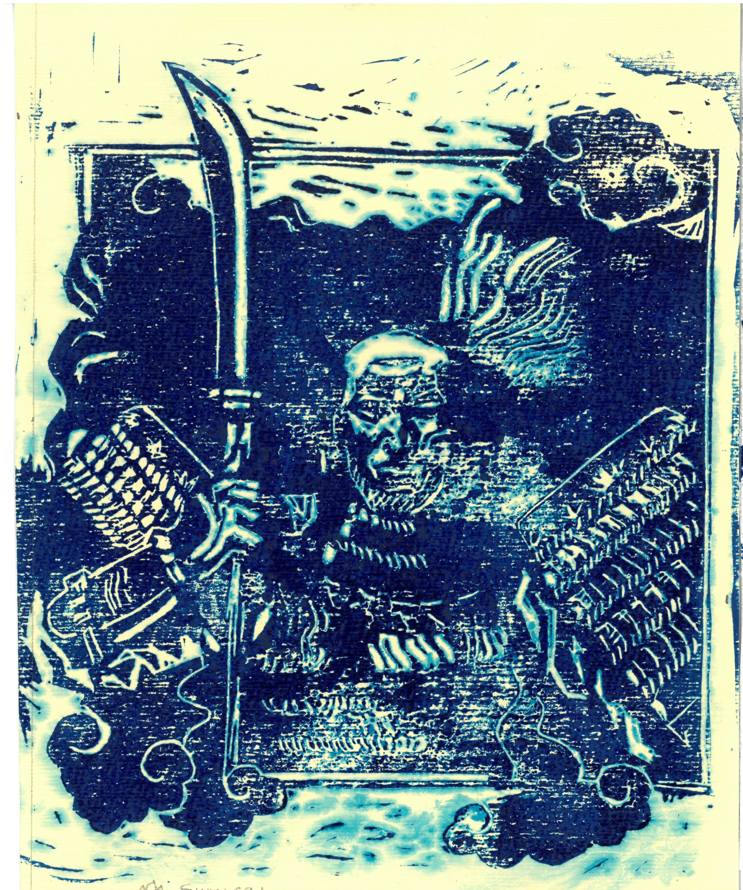 Графический лист изображающий образ самурая с древковым оружием.