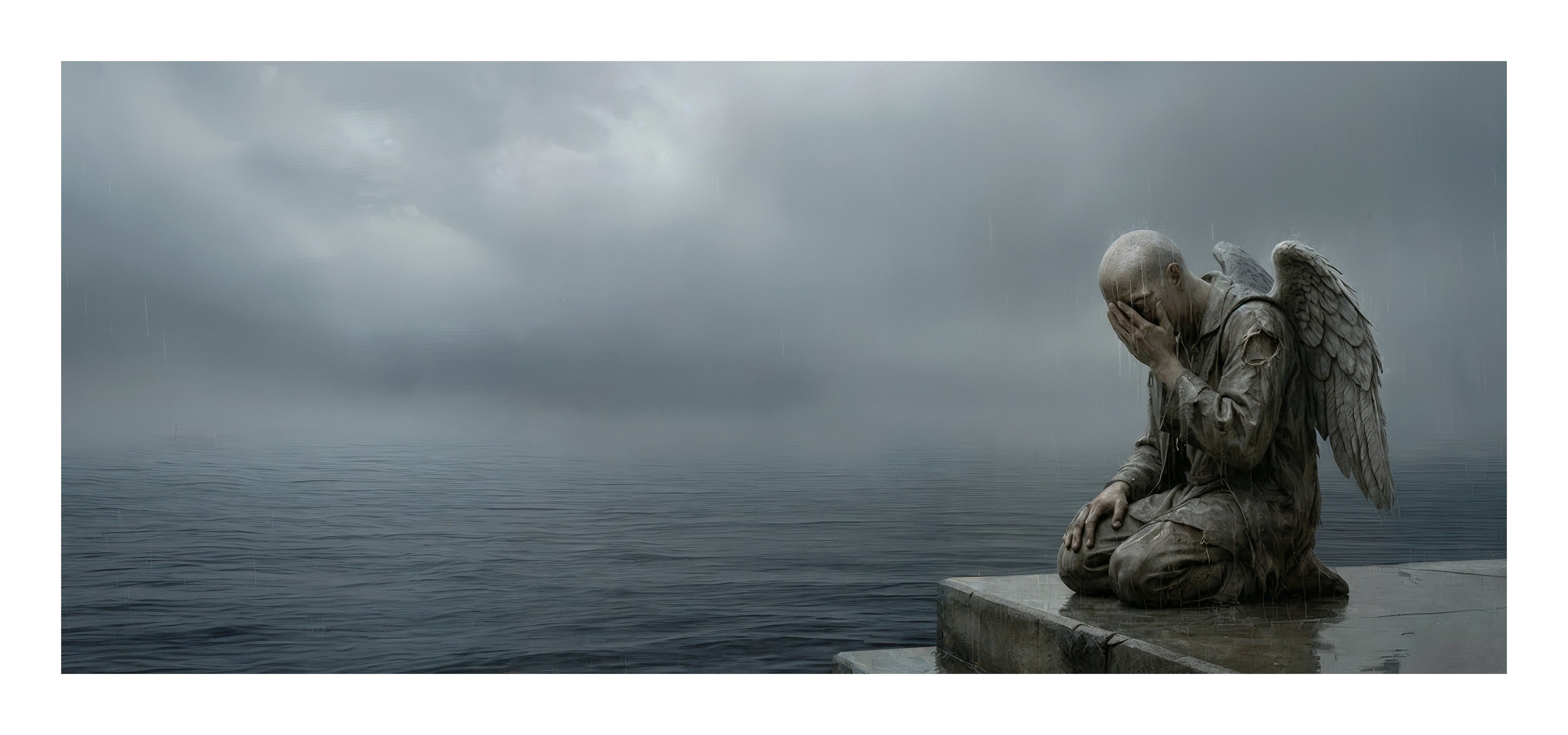 A sorrowful angel with folded wings kneels on a concrete edge by the water in the rain, covering their face with one hand; the gray foggy seascape and heavy atmosphere reflect deep disappointment in humanity, grief, and emotional exhaustion. (Разочарование  - Печальный ангел со сложенными крыльями стоит на коленях на краю бетонной набережной под дождём, закрывая лицо рукой; серый туманный морской пейзаж и тяжёлая атмосфера передают глубокое разочарование в человечестве, скорбь и эмоциональное истощение.)