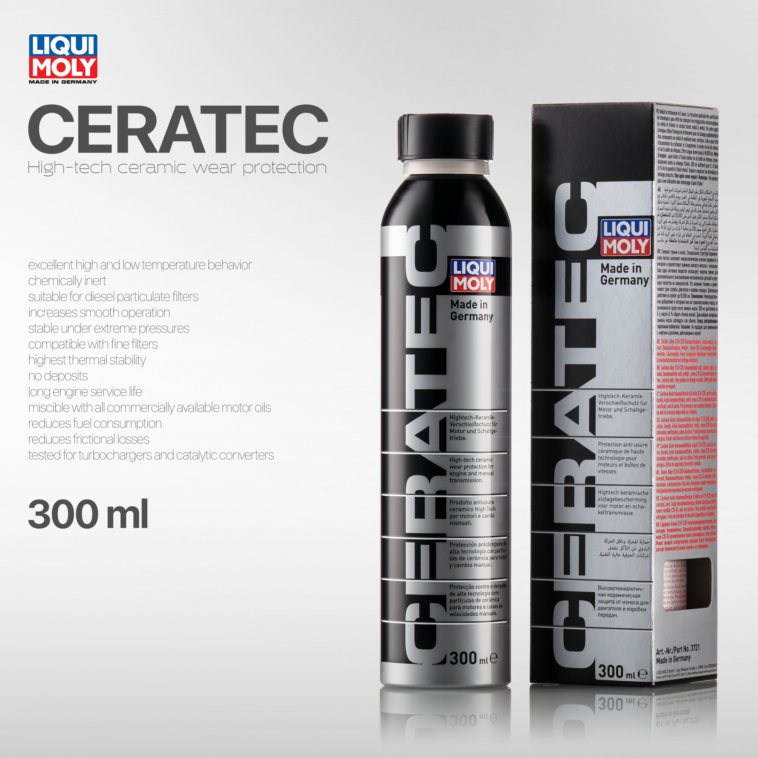 Бутылка присадки Liqui Moly CERATEC, техническая съёмка на сером фоне
