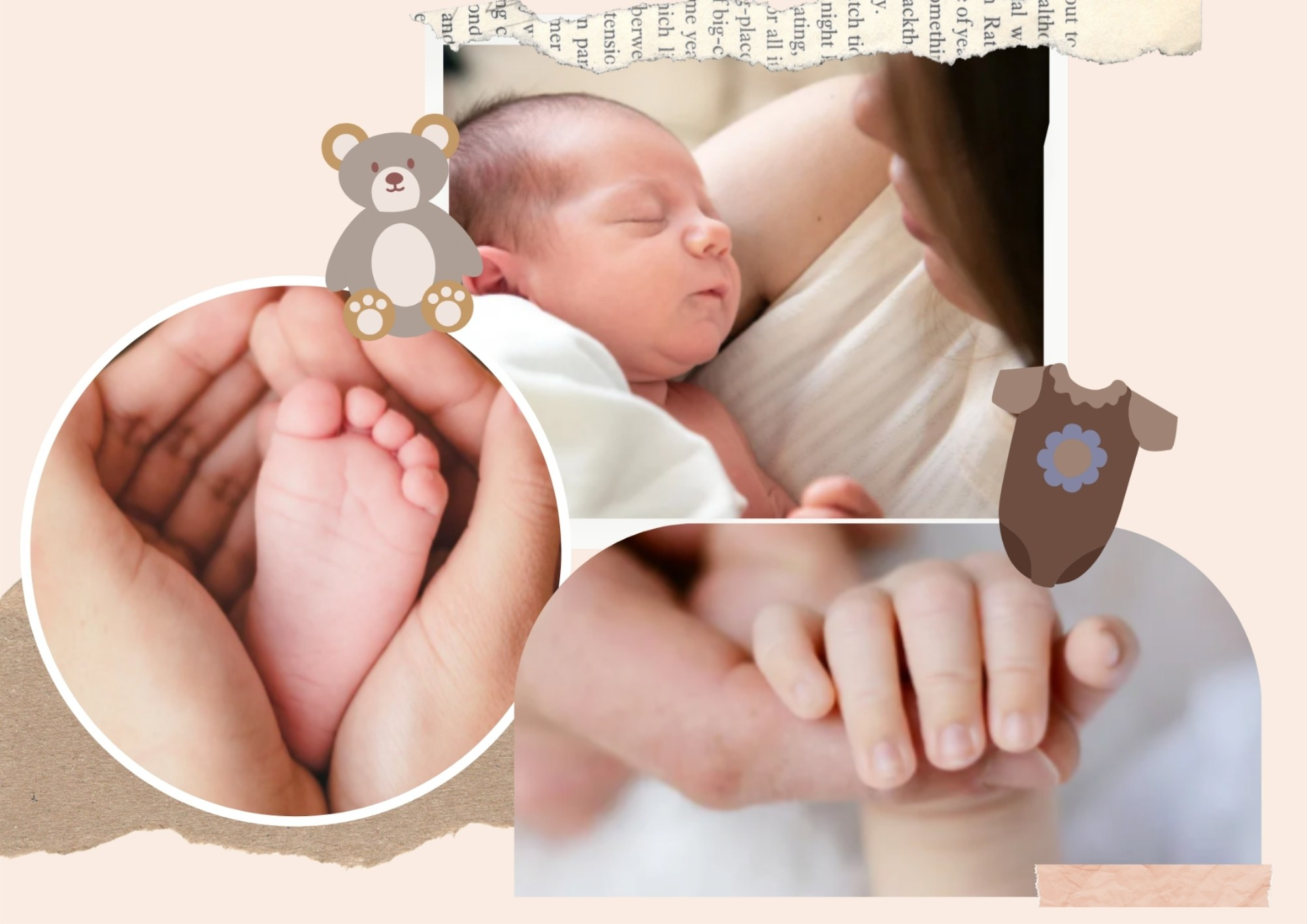 коллаж из первых фото новорождённого малыша и детских ручек и ножек