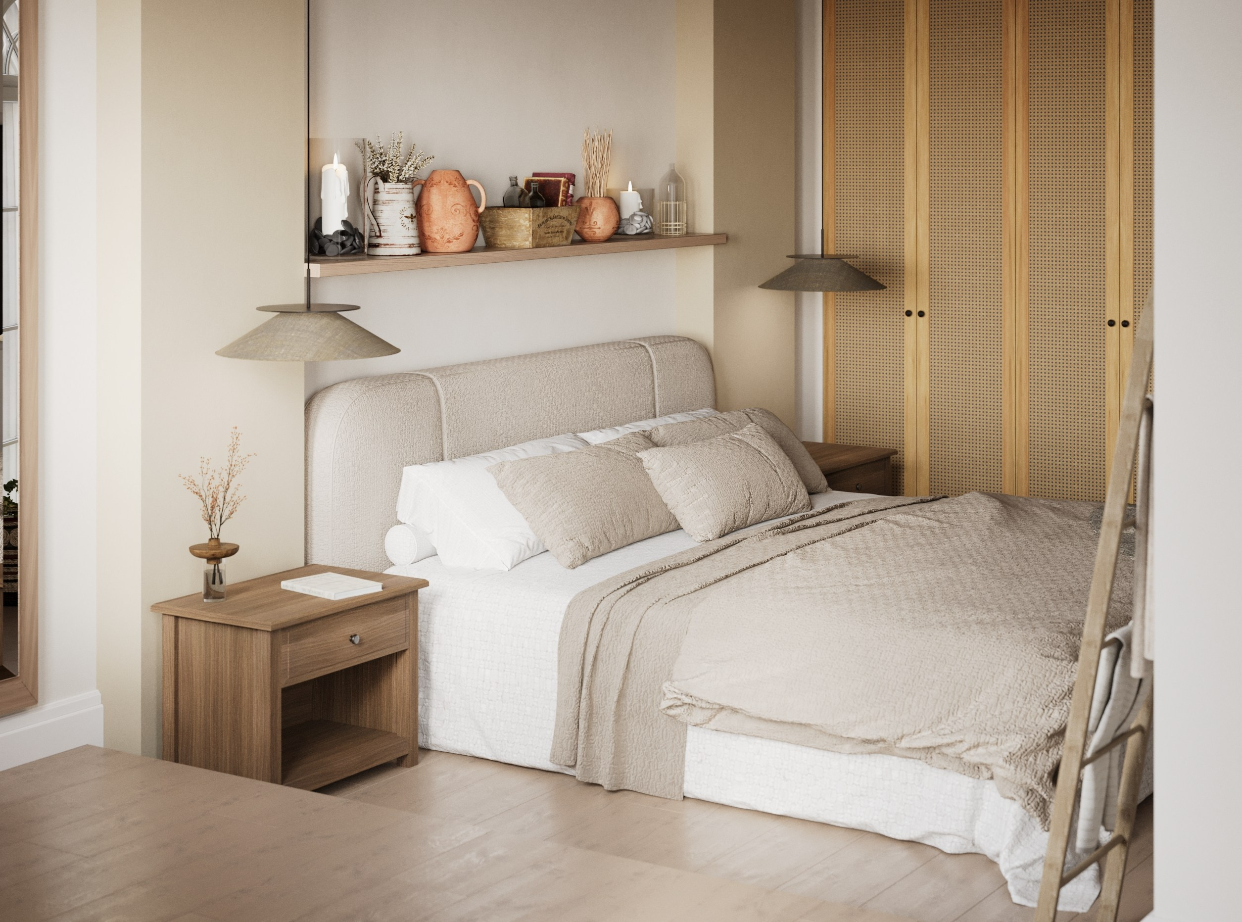 Светлая кровать со шкафом. Фасады у шкафа из ротанга